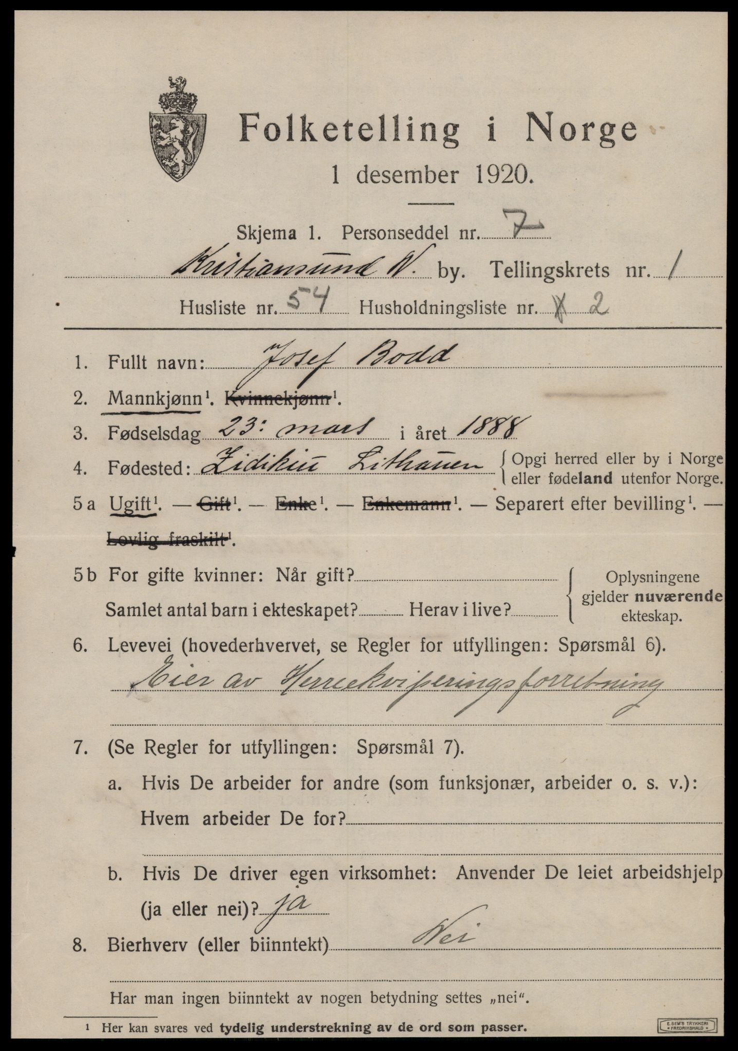 SAT, 1920 census for Kristiansund, 1920, p. 11199