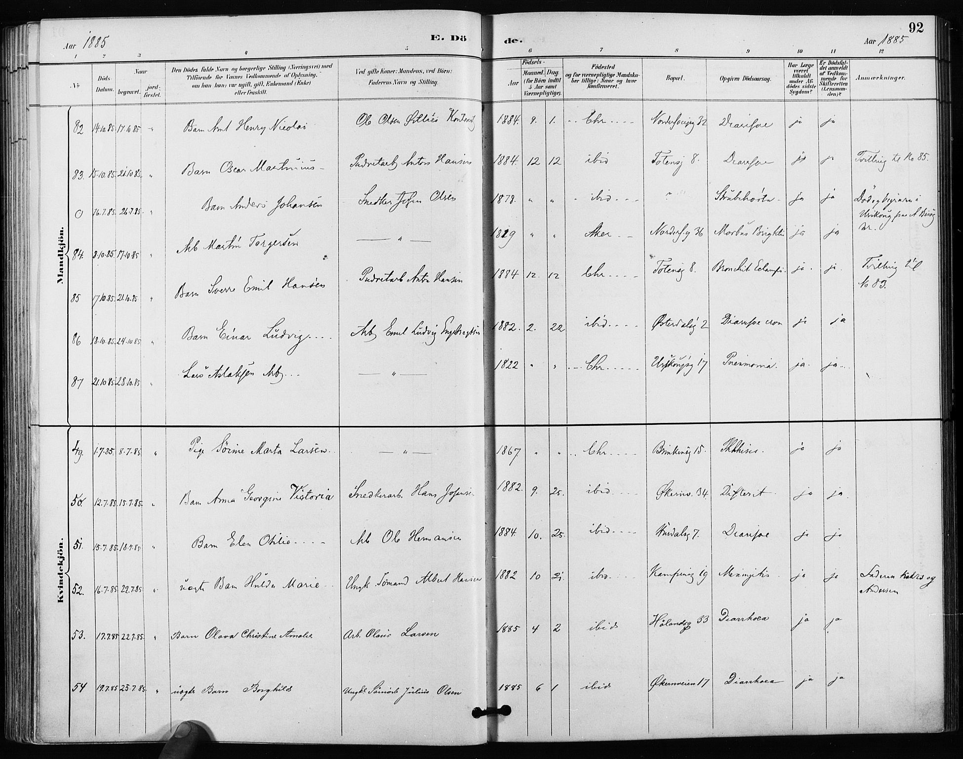 Kampen prestekontor Kirkebøker, AV/SAO-A-10853/F/Fa/L0004: Parish register (official) no. I 4, 1885-1892, p. 92
