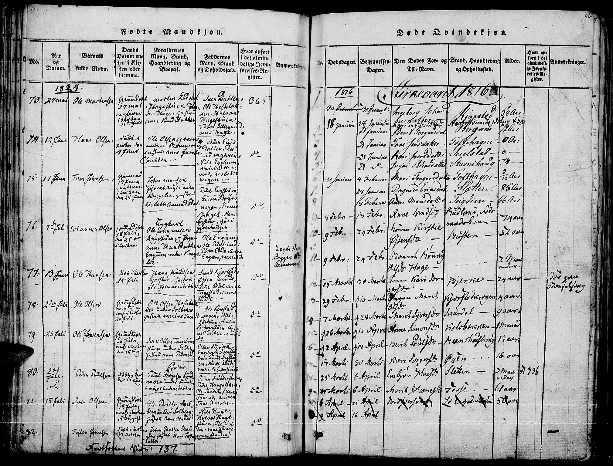 Fron prestekontor, SAH/PREST-078/H/Ha/Haa/L0002: Parish register (official) no. 2, 1816-1827, p. 96