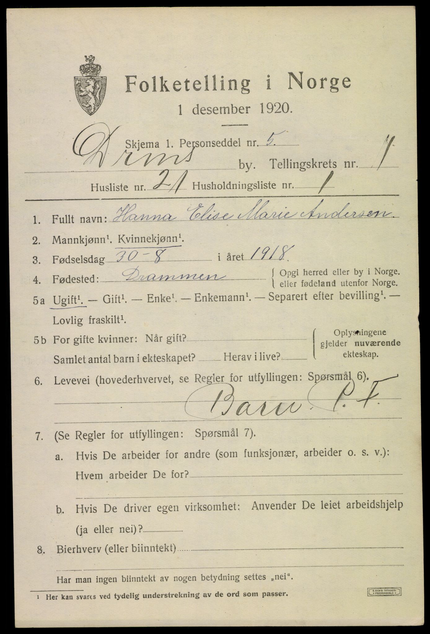 SAKO, 1920 census for Drammen, 1920, p. 18873