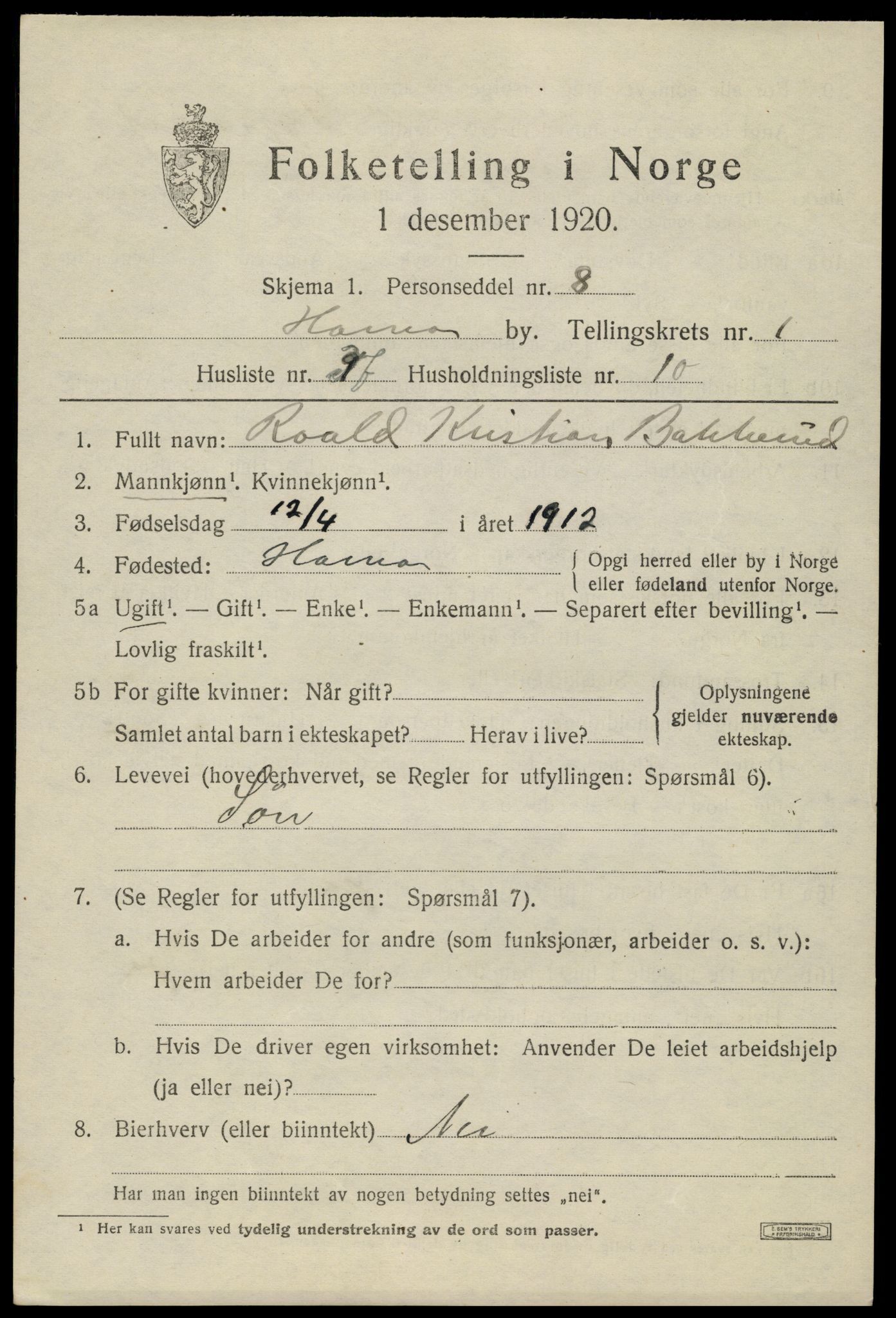 SAH, 1920 census for Hamar, 1920, p. 5149