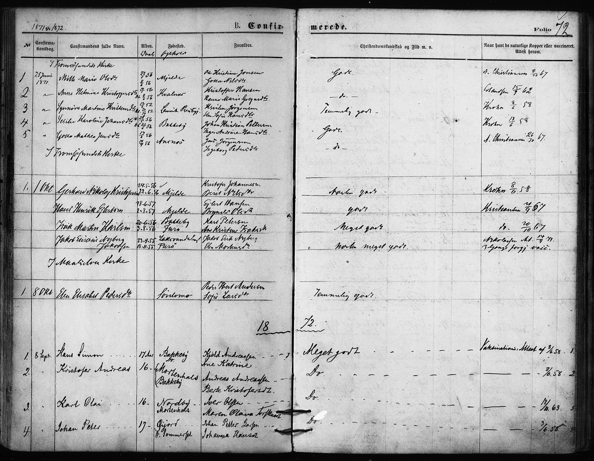 Balsfjord sokneprestembete, AV/SATØ-S-1303/G/Gaa/L0002kirke: Parish register (official) no. 2, 1871-1886, p. 72