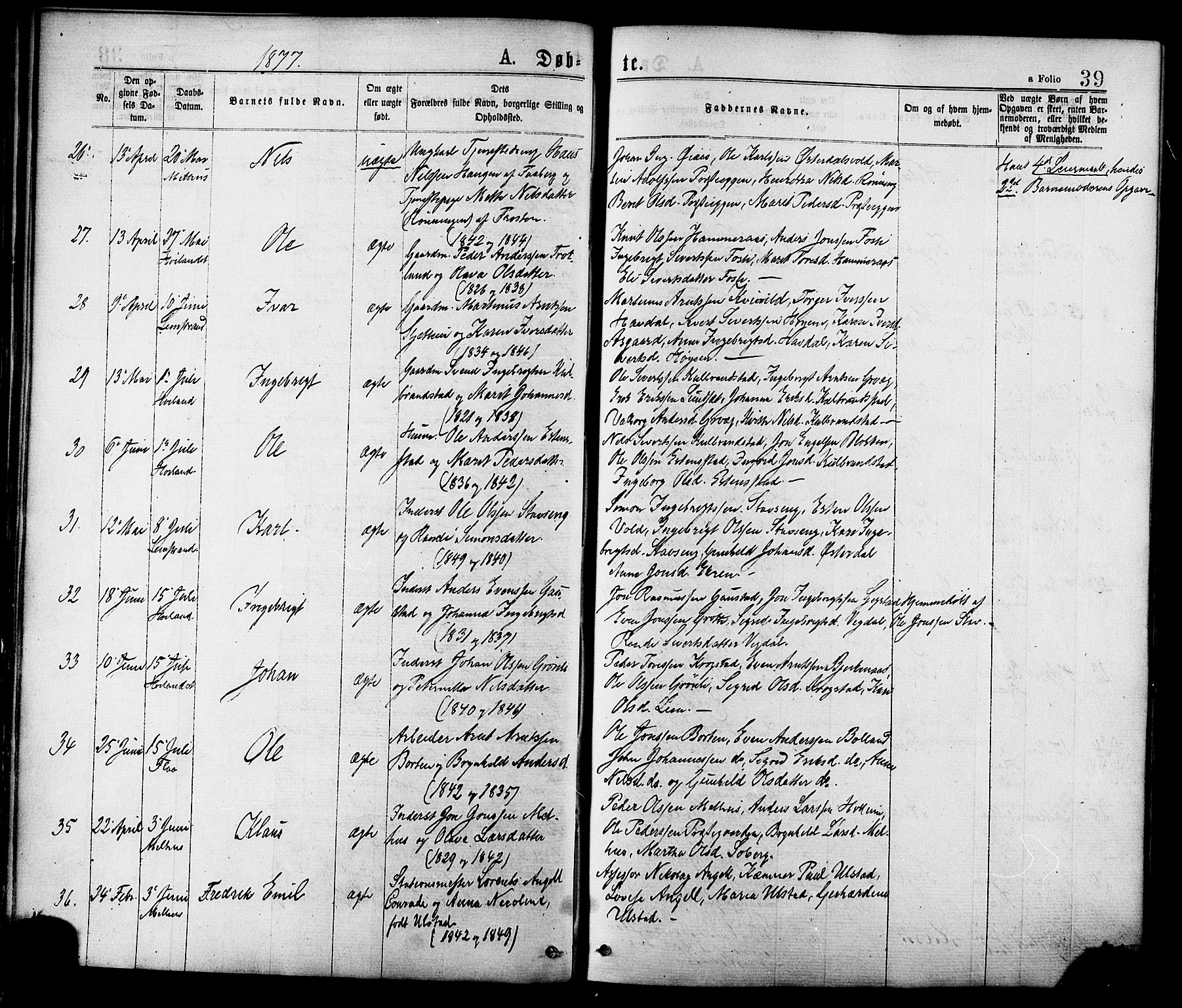 Ministerialprotokoller, klokkerbøker og fødselsregistre - Sør-Trøndelag, AV/SAT-A-1456/691/L1079: Parish register (official) no. 691A11, 1873-1886, p. 39