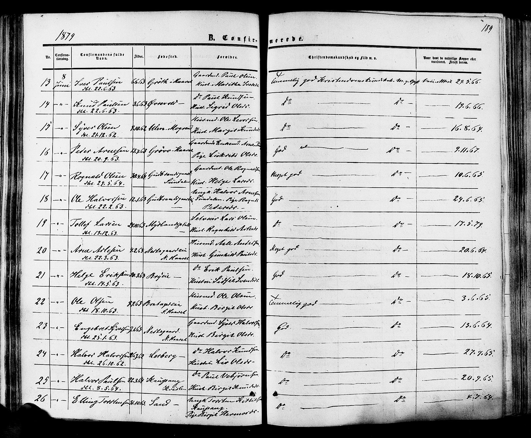 Hol kirkebøker, AV/SAKO-A-227/F/Fa/L0002: Parish register (official) no. I 2, 1870-1886, p. 189