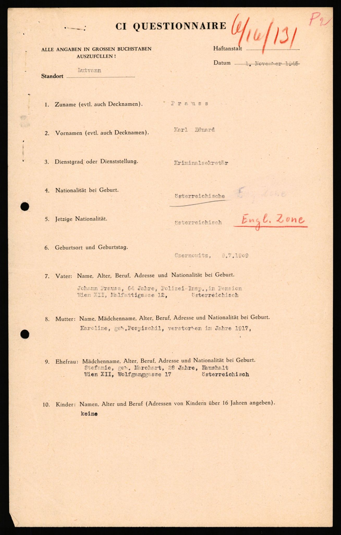 Forsvaret, Forsvarets overkommando II, AV/RA-RAFA-3915/D/Db/L0040: CI Questionaires. Tyske okkupasjonsstyrker i Norge. Østerrikere., 1945-1946, p. 74