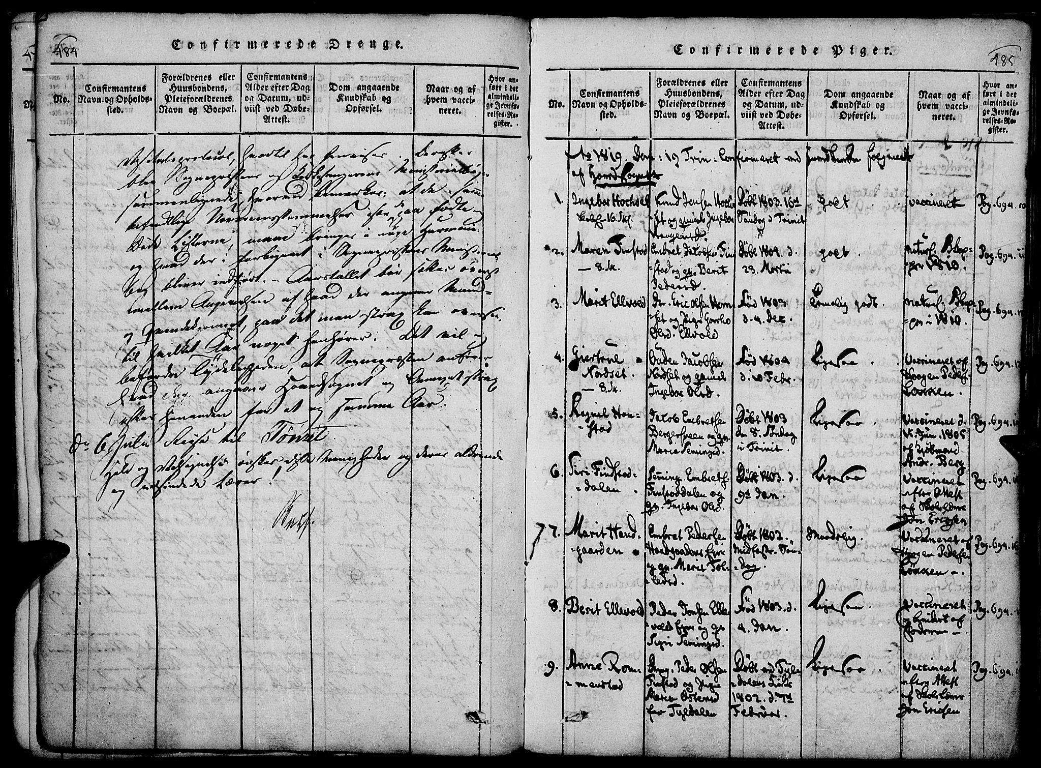 Rendalen prestekontor, AV/SAH-PREST-054/H/Ha/Haa/L0003: Parish register (official) no. 3, 1815-1829, p. 484-485