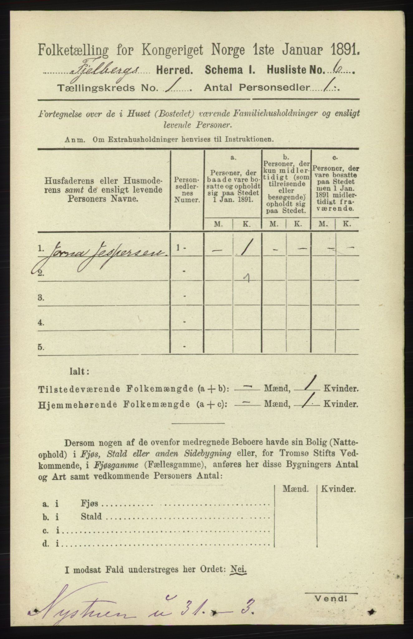 RA, 1891 census for 1213 Fjelberg, 1891, p. 34