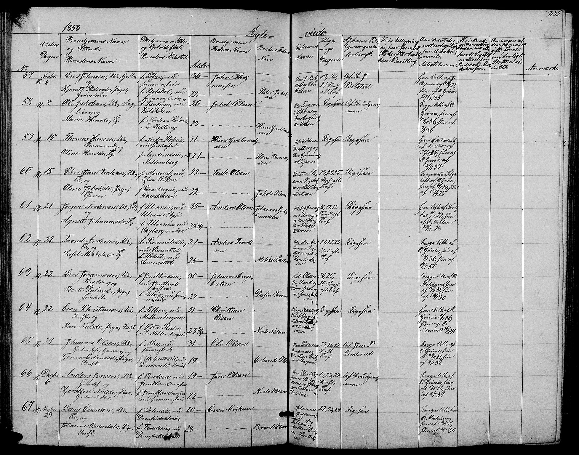 Ringsaker prestekontor, SAH/PREST-014/L/La/L0006: Parish register (copy) no. 6, 1851-1860, p. 335