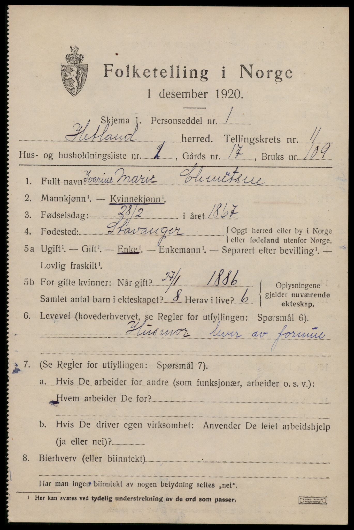 SAST, 1920 census for Hetland, 1920, p. 19931