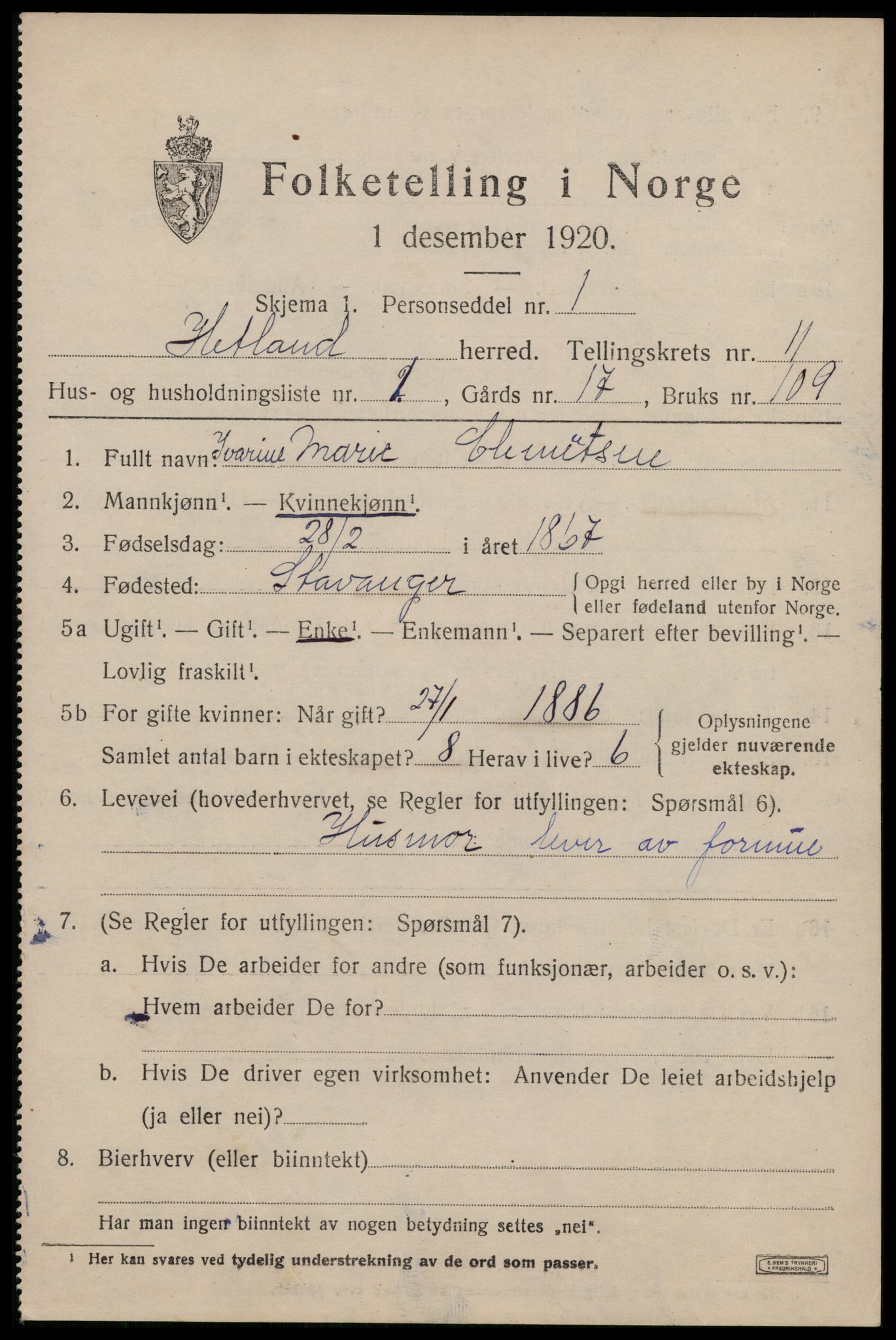 SAST, 1920 census for Hetland, 1920, p. 19931