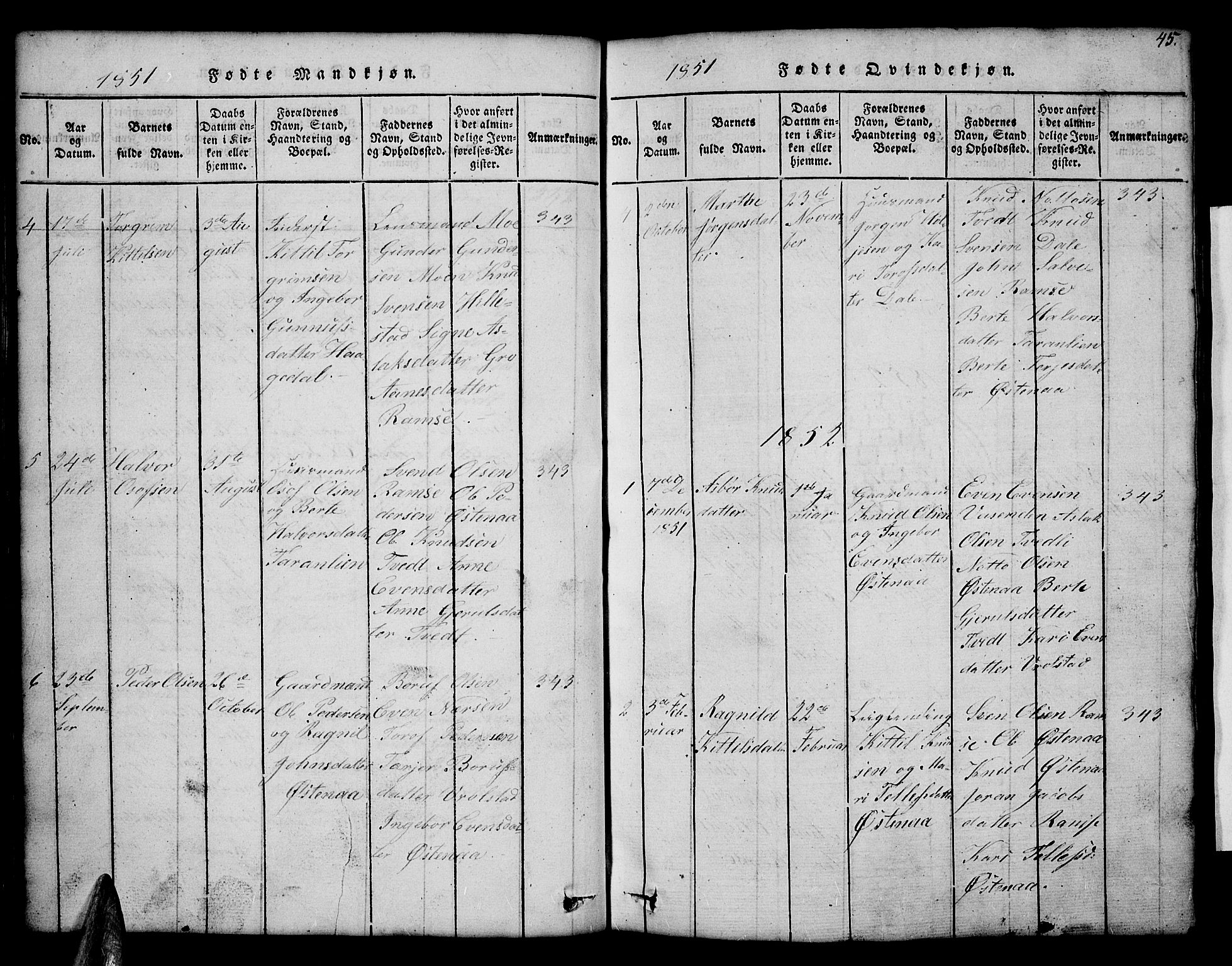 Åmli sokneprestkontor, AV/SAK-1111-0050/F/Fb/Fbb/L0001: Parish register (copy) no. B 1, 1816-1889, p. 45