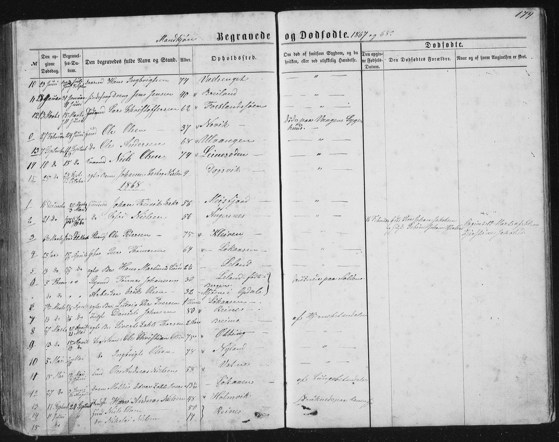 Ministerialprotokoller, klokkerbøker og fødselsregistre - Nordland, AV/SAT-A-1459/831/L0476: Parish register (copy) no. 831C03, 1866-1877, p. 174