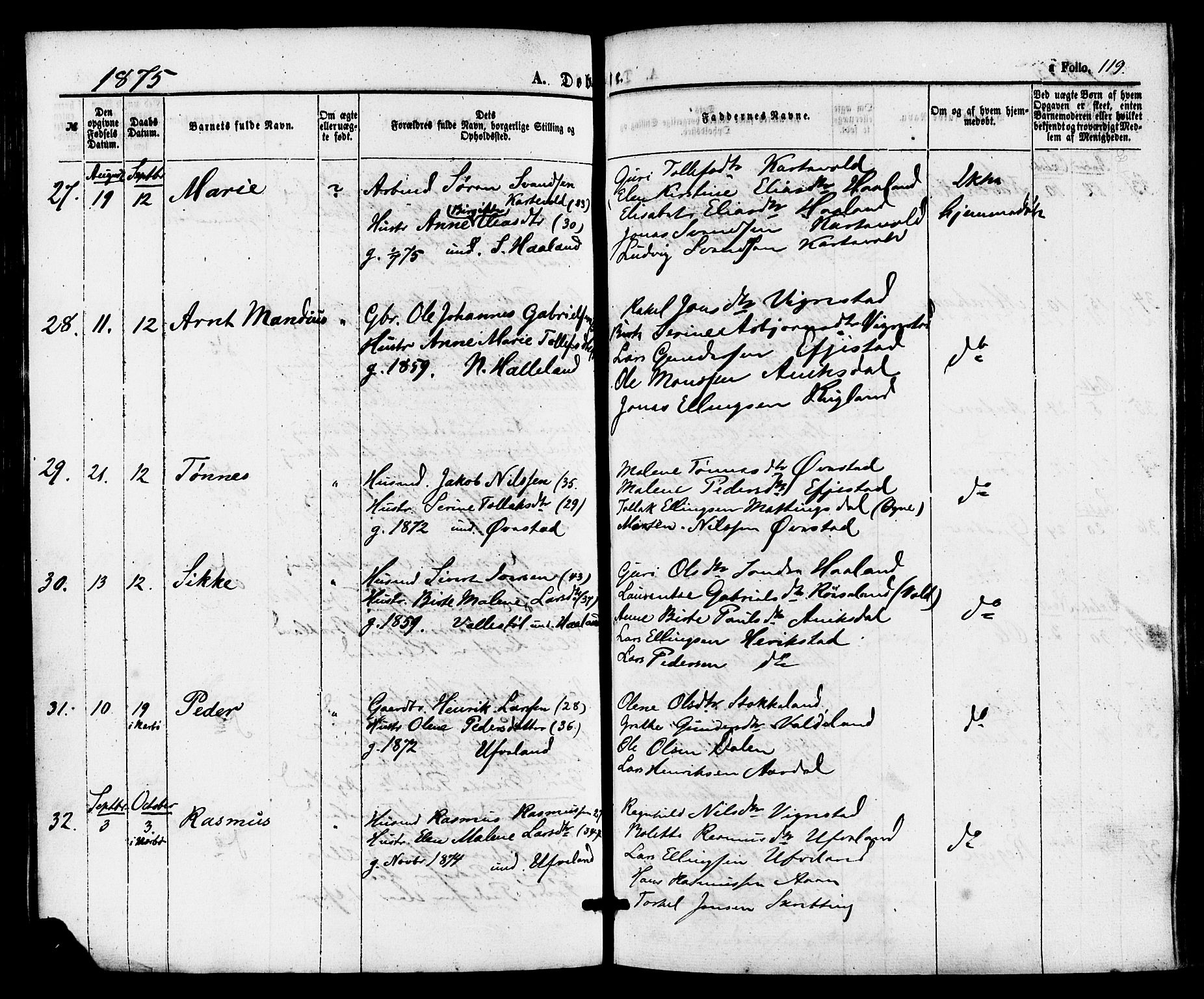 Hå sokneprestkontor, SAST/A-101801/001/30BA/L0009: Parish register (official) no. A 8, 1855-1878, p. 119