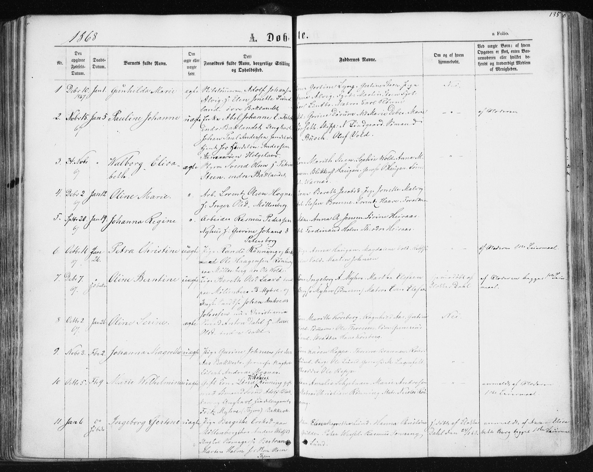 Ministerialprotokoller, klokkerbøker og fødselsregistre - Sør-Trøndelag, SAT/A-1456/604/L0186: Parish register (official) no. 604A07, 1866-1877, p. 135