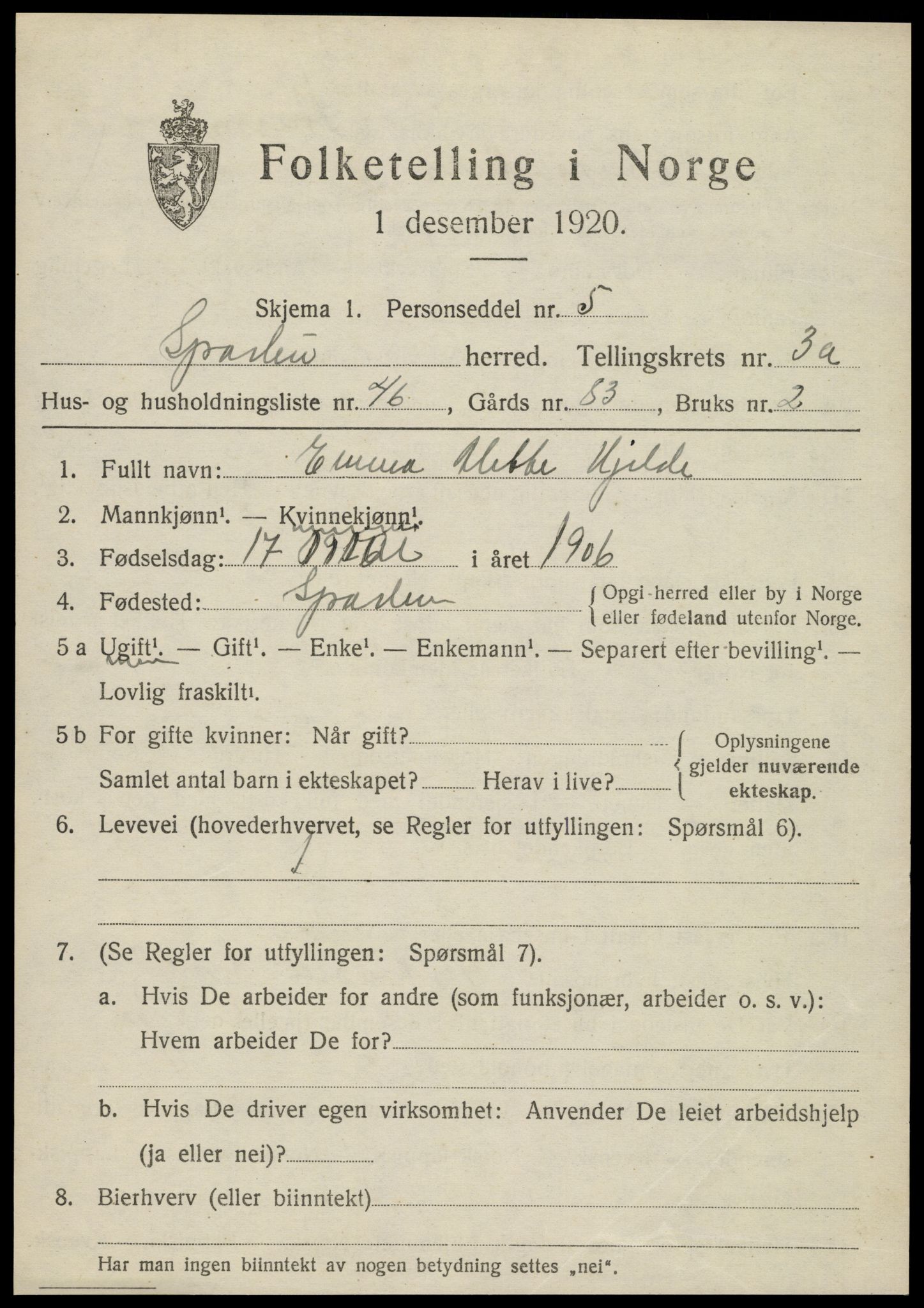 SAT, 1920 census for Sparbu, 1920, p. 4787