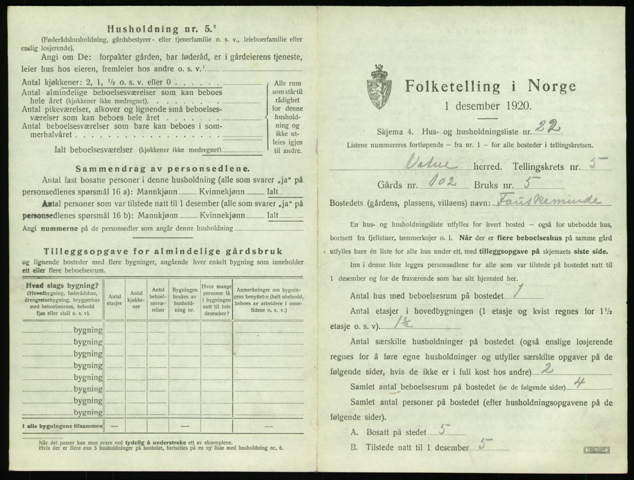SAT, 1920 census for Vatne, 1920, p. 334