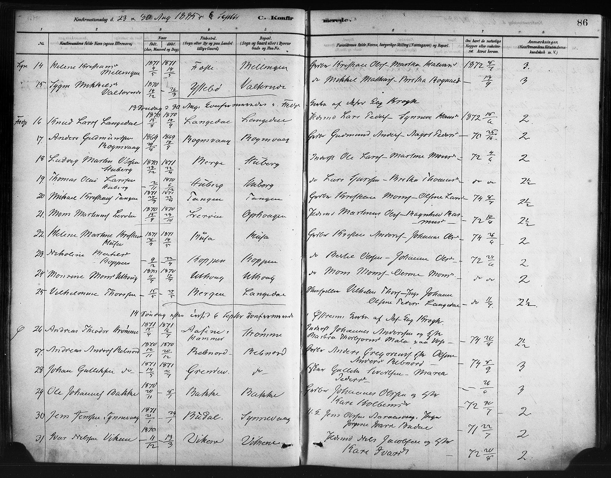 Lindås Sokneprestembete, SAB/A-76701/H/Haa: Parish register (official) no. A 19, 1878-1912, p. 86