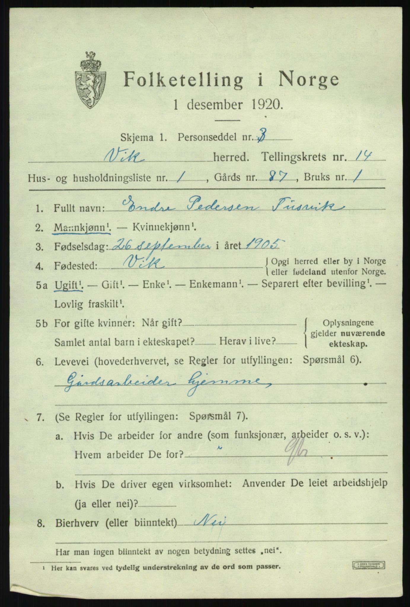 SAB, 1920 census for Vik, 1920, p. 7321