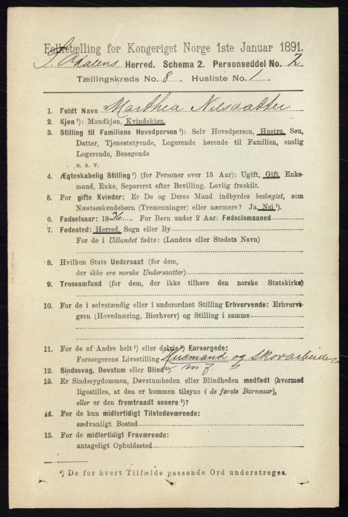 RA, 1891 census for 0419 Sør-Odal, 1891, p. 3978