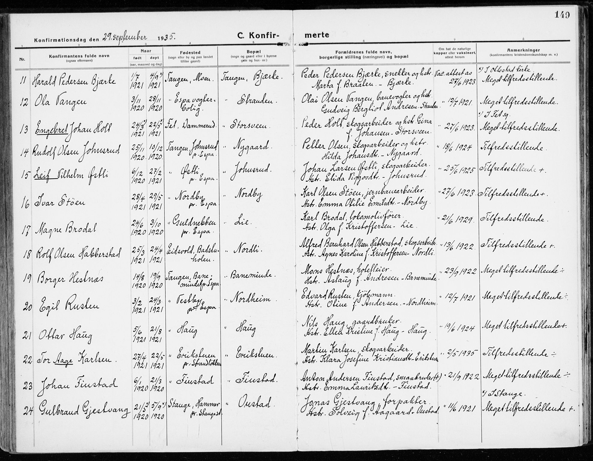 Stange prestekontor, SAH/PREST-002/K/L0025: Parish register (official) no. 25, 1921-1945, p. 149