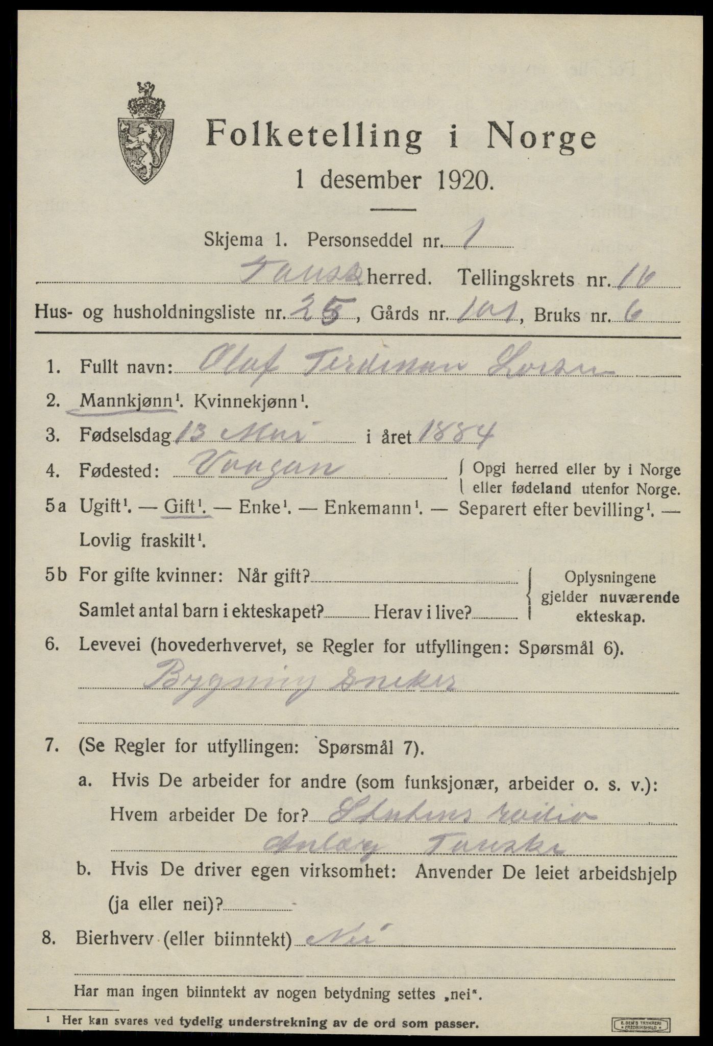 SAT, 1920 census for Fauske, 1920, p. 10116