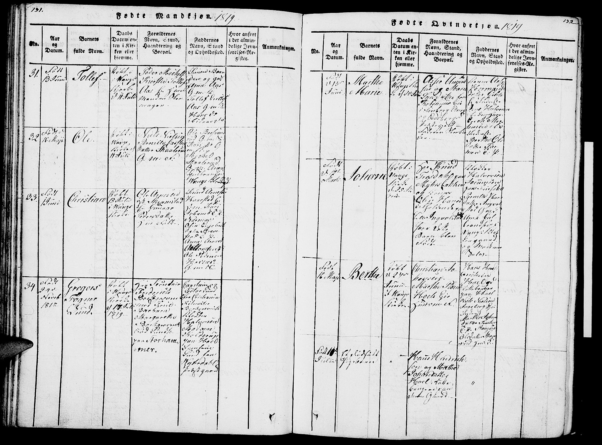 Vang prestekontor, Hedmark, SAH/PREST-008/H/Ha/Haa/L0007: Parish register (official) no. 7, 1813-1826, p. 131-132