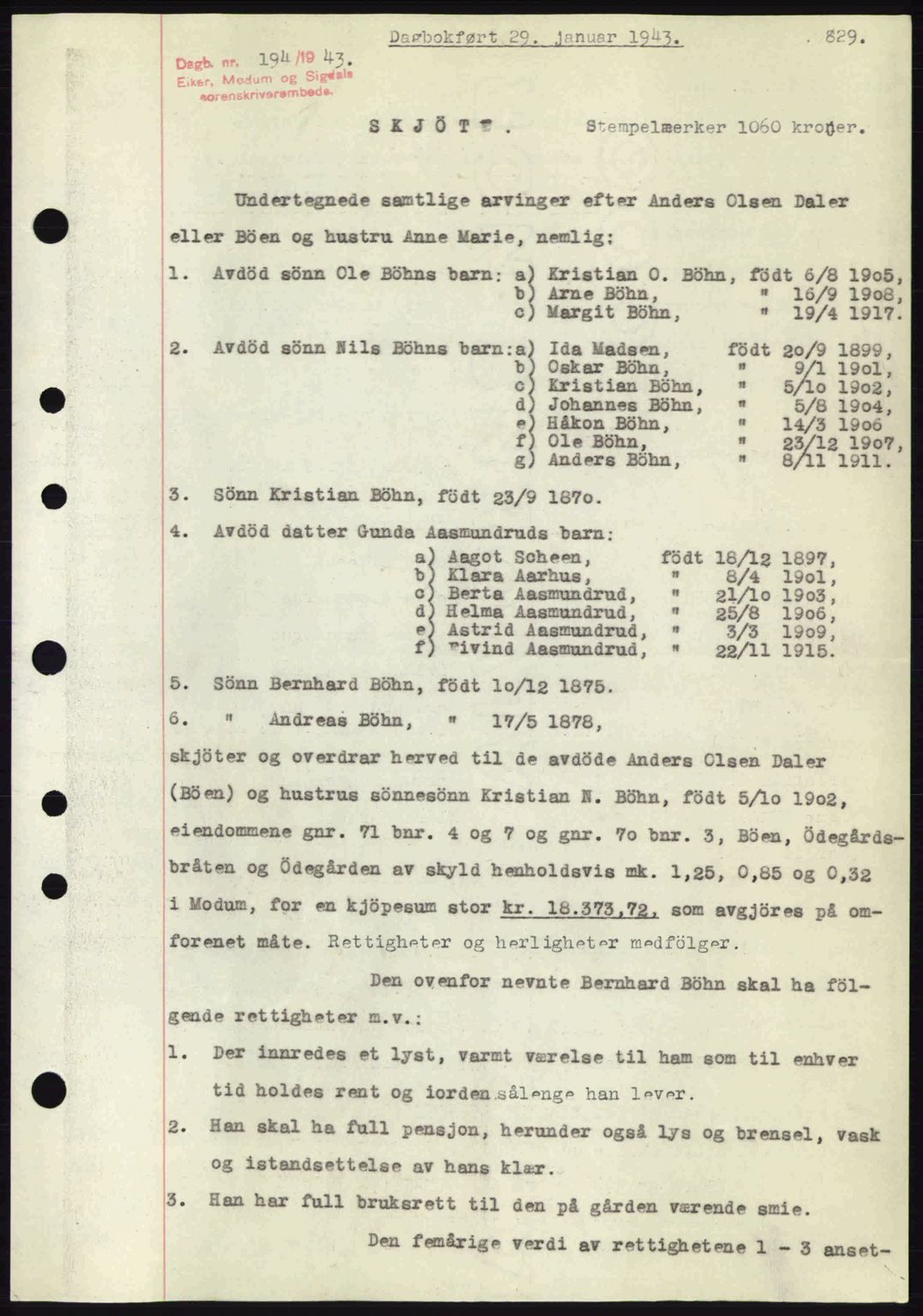 Eiker, Modum og Sigdal sorenskriveri, SAKO/A-123/G/Ga/Gab/L0047: Mortgage book no. A17, 1942-1943, Diary no: : 194/1943