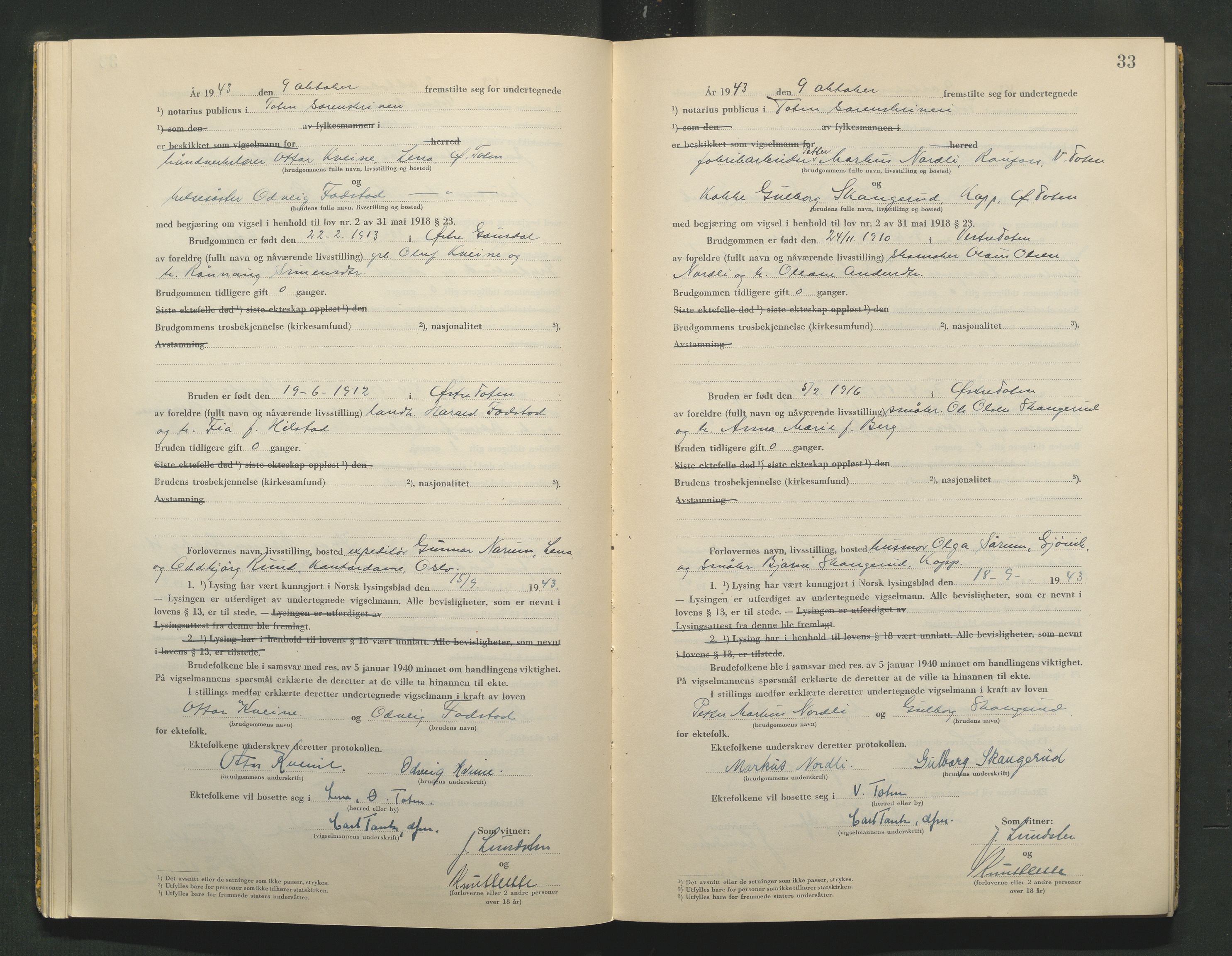 Toten tingrett, AV/SAH-TING-006/L/Lc/L0003: Vigselbok, 1943-1944, p. 33