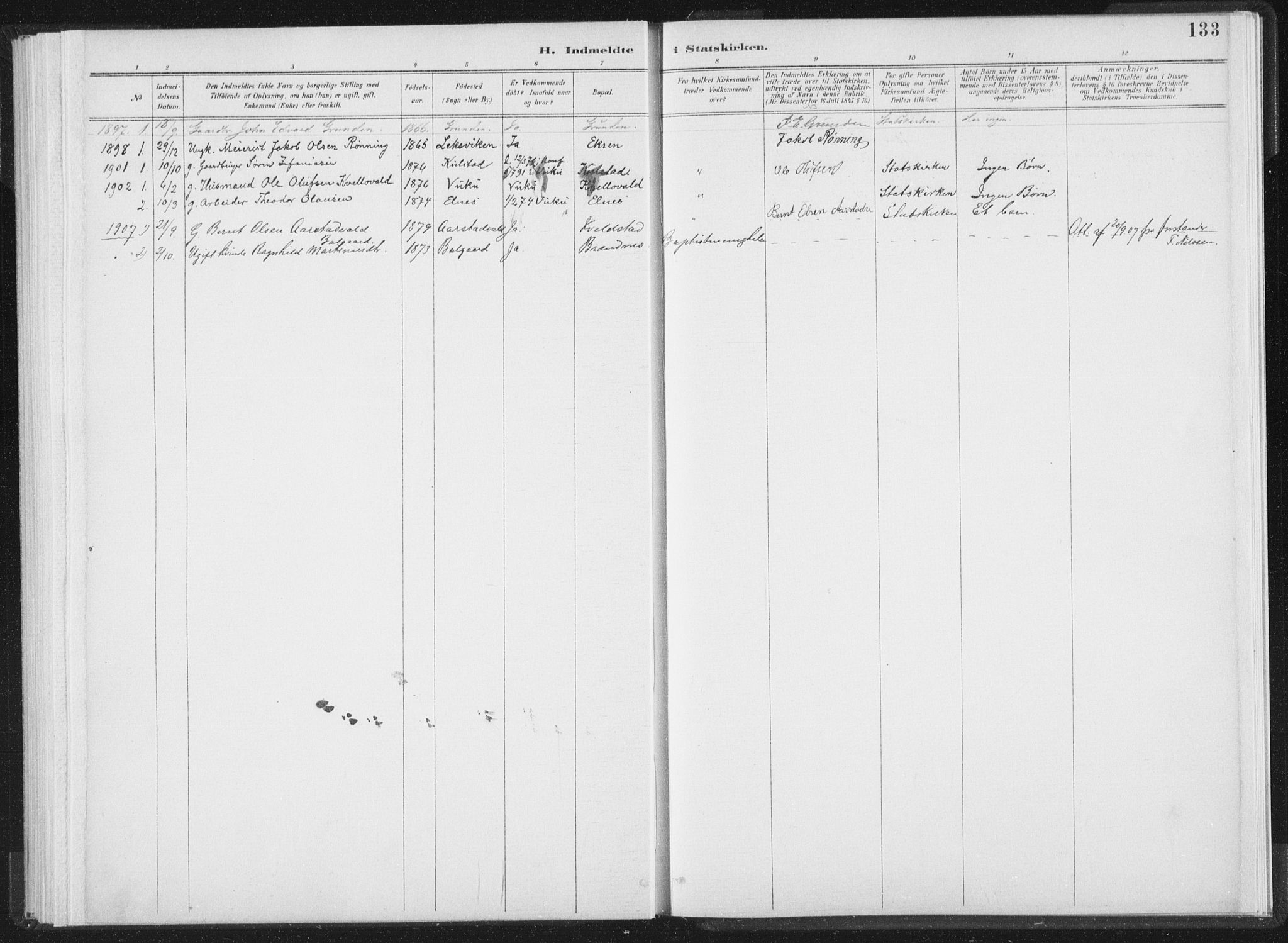 Ministerialprotokoller, klokkerbøker og fødselsregistre - Nord-Trøndelag, SAT/A-1458/724/L0263: Parish register (official) no. 724A01, 1891-1907, p. 133