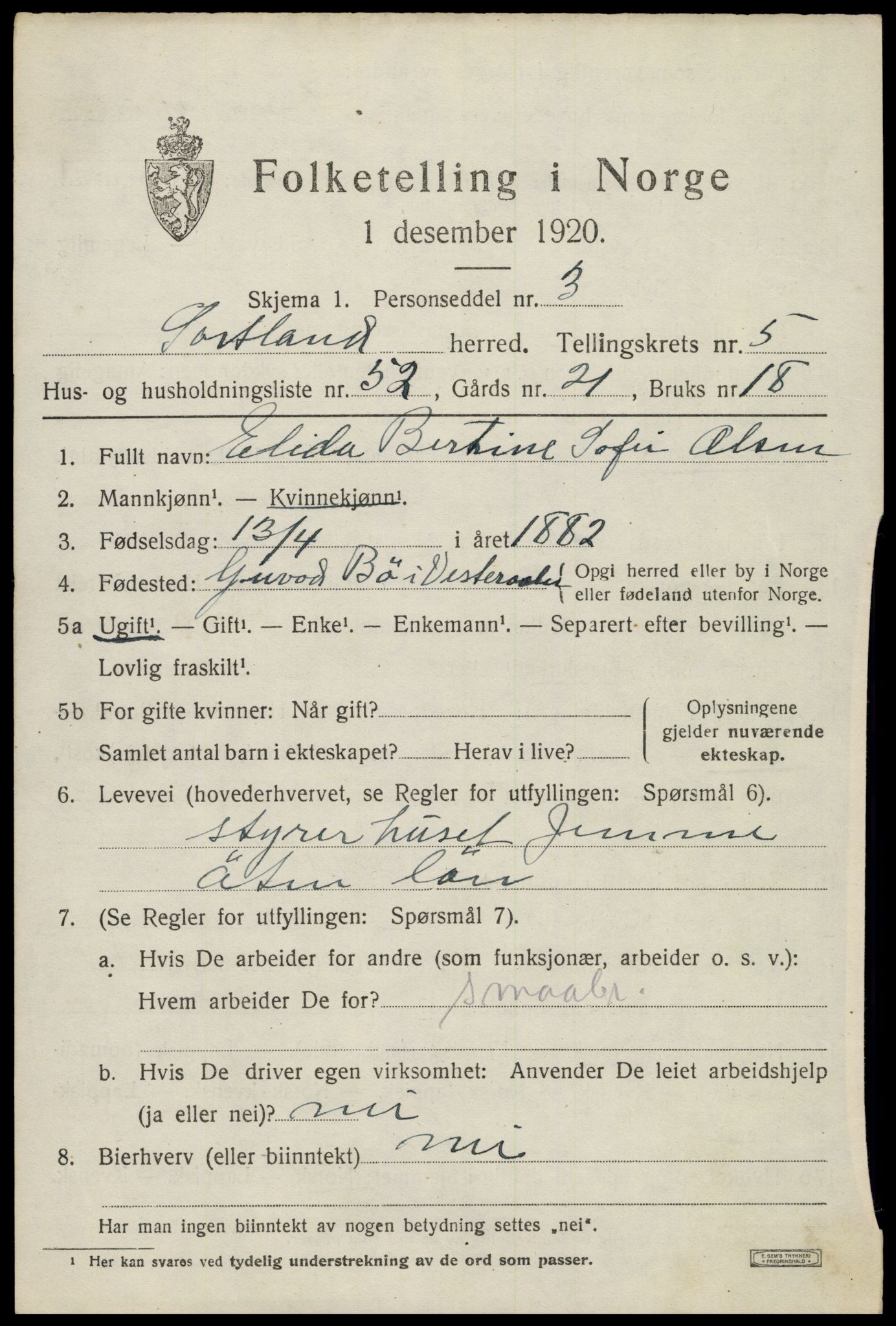 SAT, 1920 census for Sortland, 1920, p. 6220