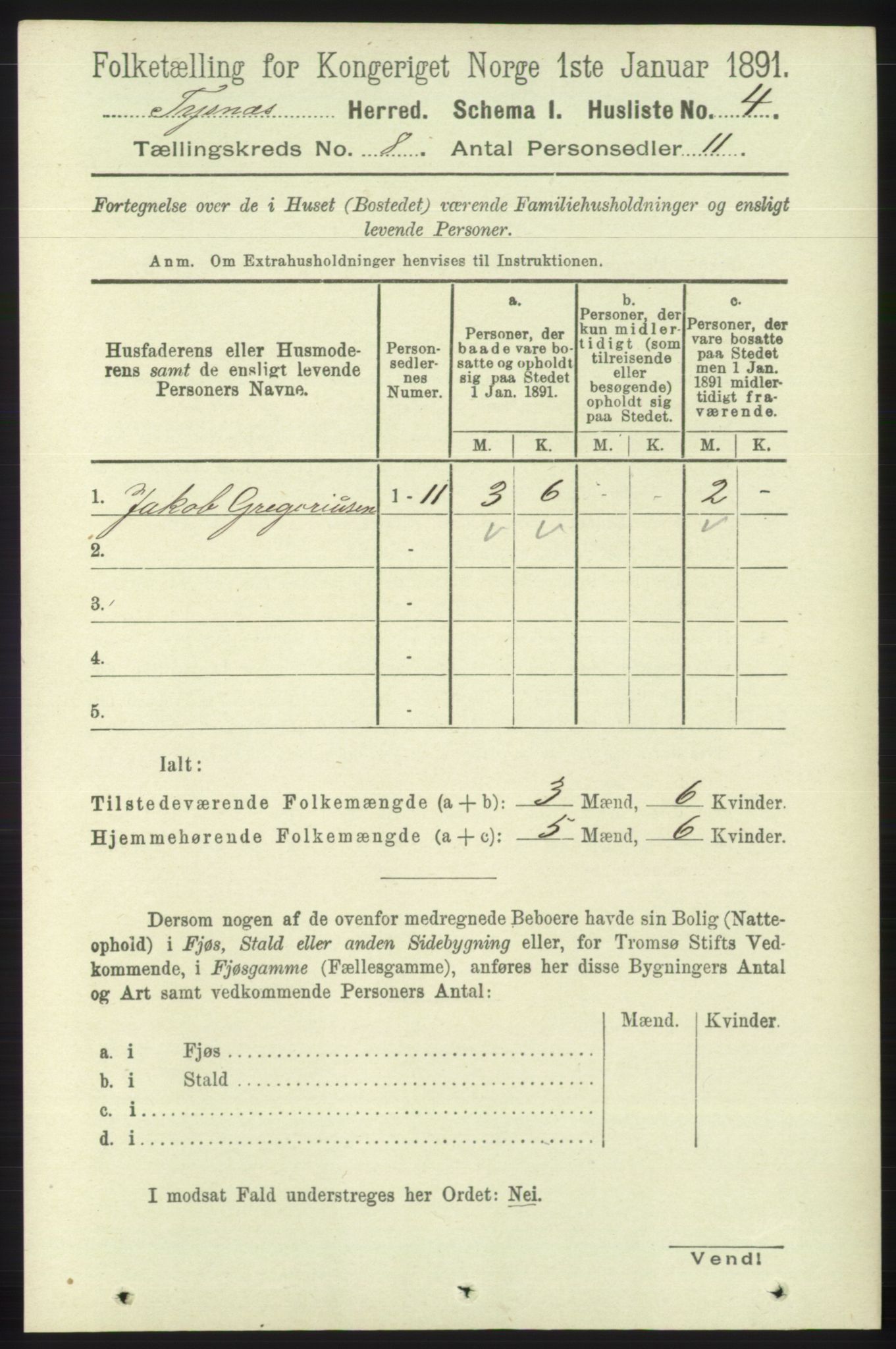 RA, 1891 census for 1223 Tysnes, 1891, p. 3581