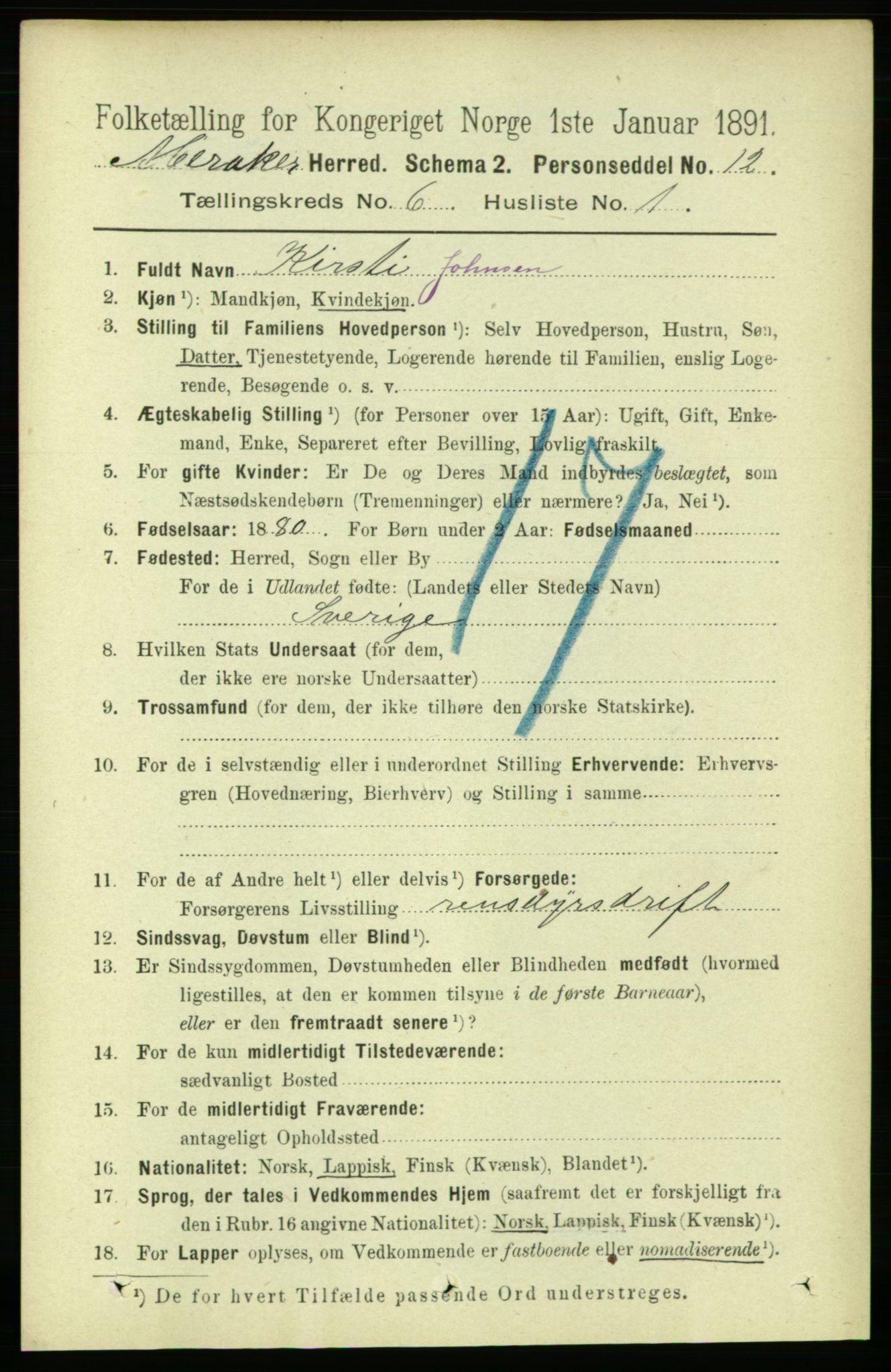 RA, 1891 census for 1711 Meråker, 1891, p. 2037