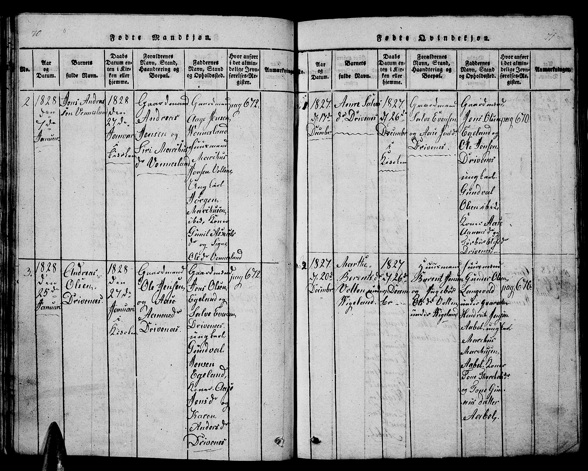 Vennesla sokneprestkontor, AV/SAK-1111-0045/Fb/Fbb/L0001: Parish register (copy) no. B 1, 1820-1834, p. 70-71