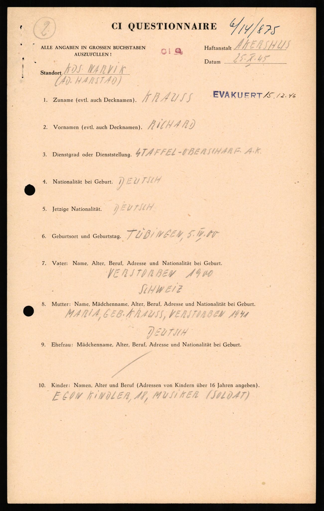 Forsvaret, Forsvarets overkommando II, AV/RA-RAFA-3915/D/Db/L0018: CI Questionaires. Tyske okkupasjonsstyrker i Norge. Tyskere., 1945-1946, p. 110