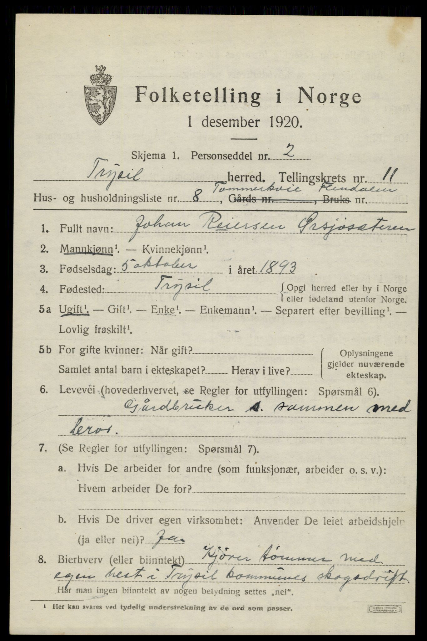 SAH, 1920 census for Trysil, 1920, p. 7047
