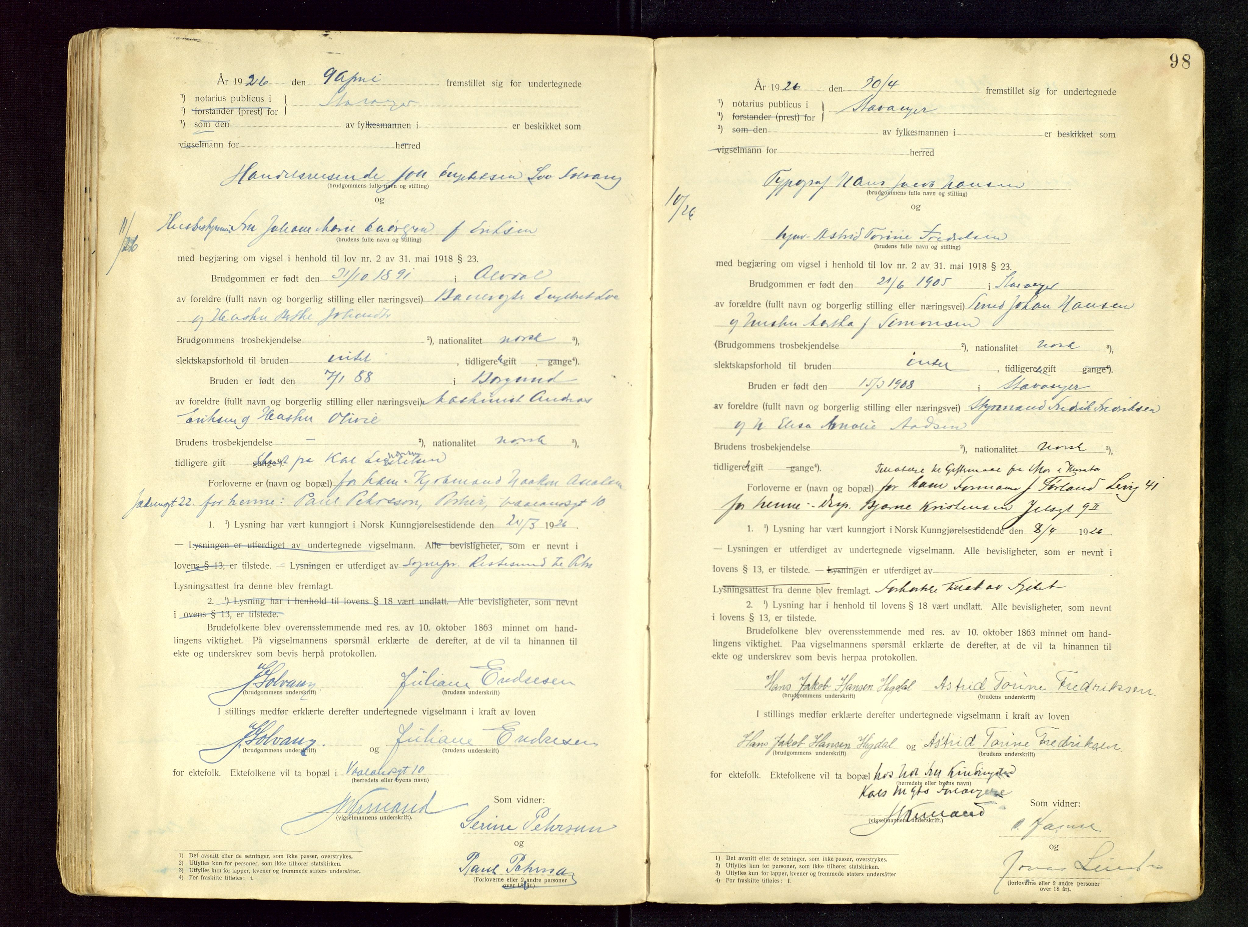 Stavanger byfogd, AV/SAST-A-101408/001/6/62/62BB/L0001: Vigselsprotokoll, 1920-1926, p. 98