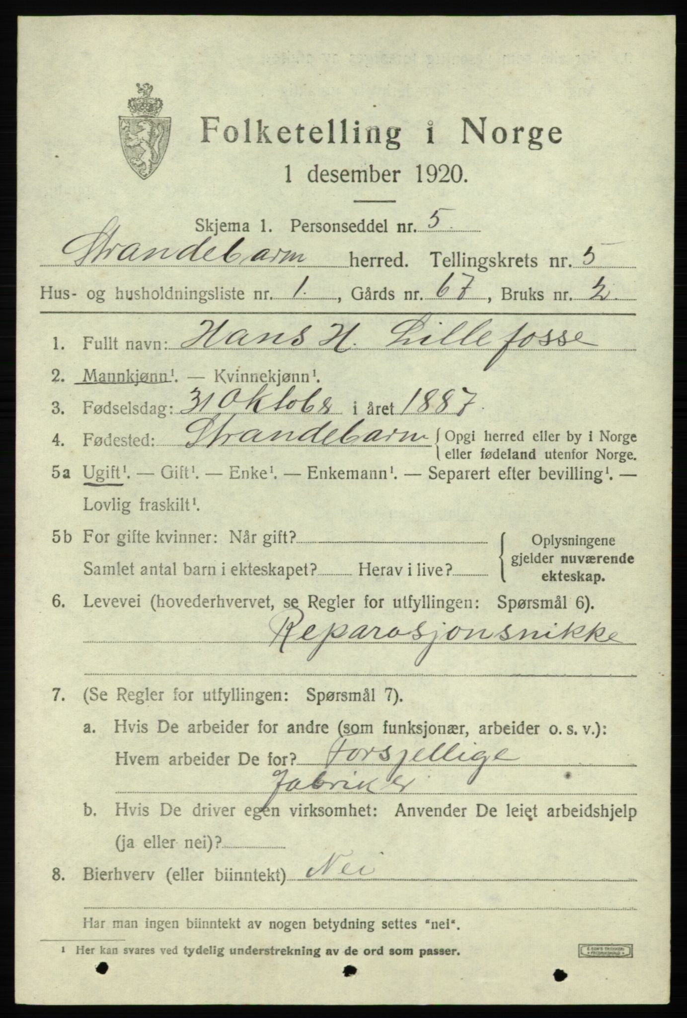 SAB, 1920 census for Strandebarm, 1920, p. 3776