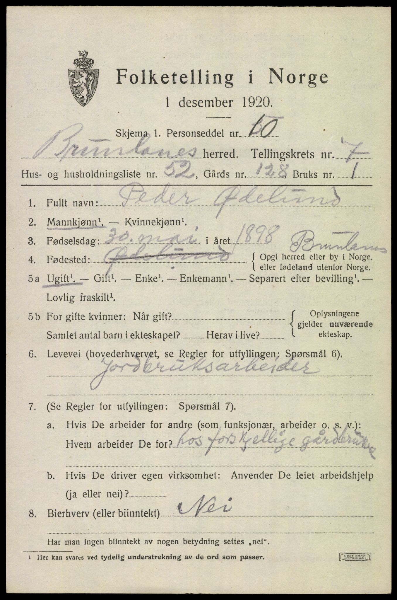 SAKO, 1920 census for Brunlanes, 1920, p. 7649