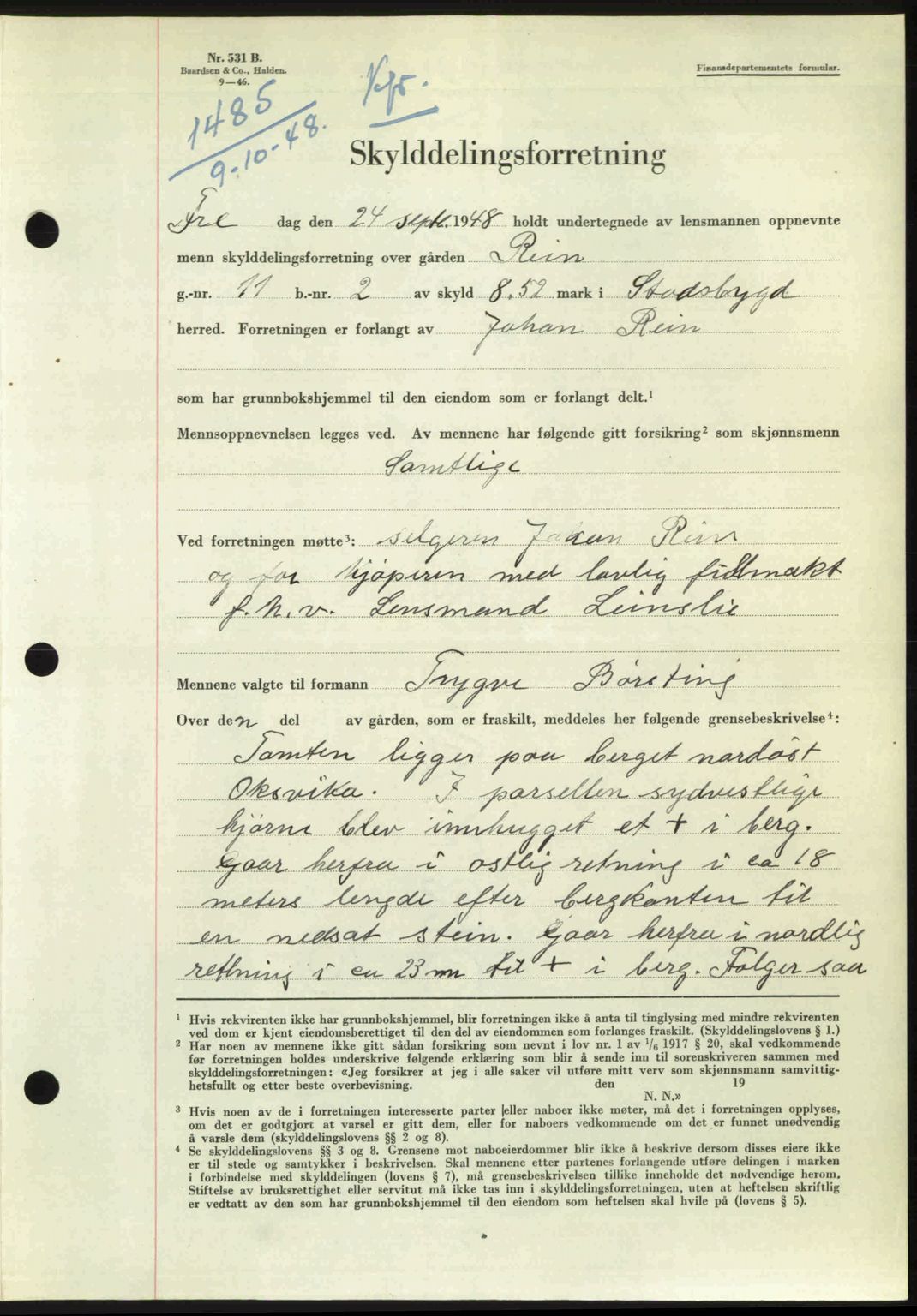 Fosen sorenskriveri, AV/SAT-A-1107/1/2/2C: Mortgage book no. A7-9, 1947-1949, Diary no: : 1485/1948