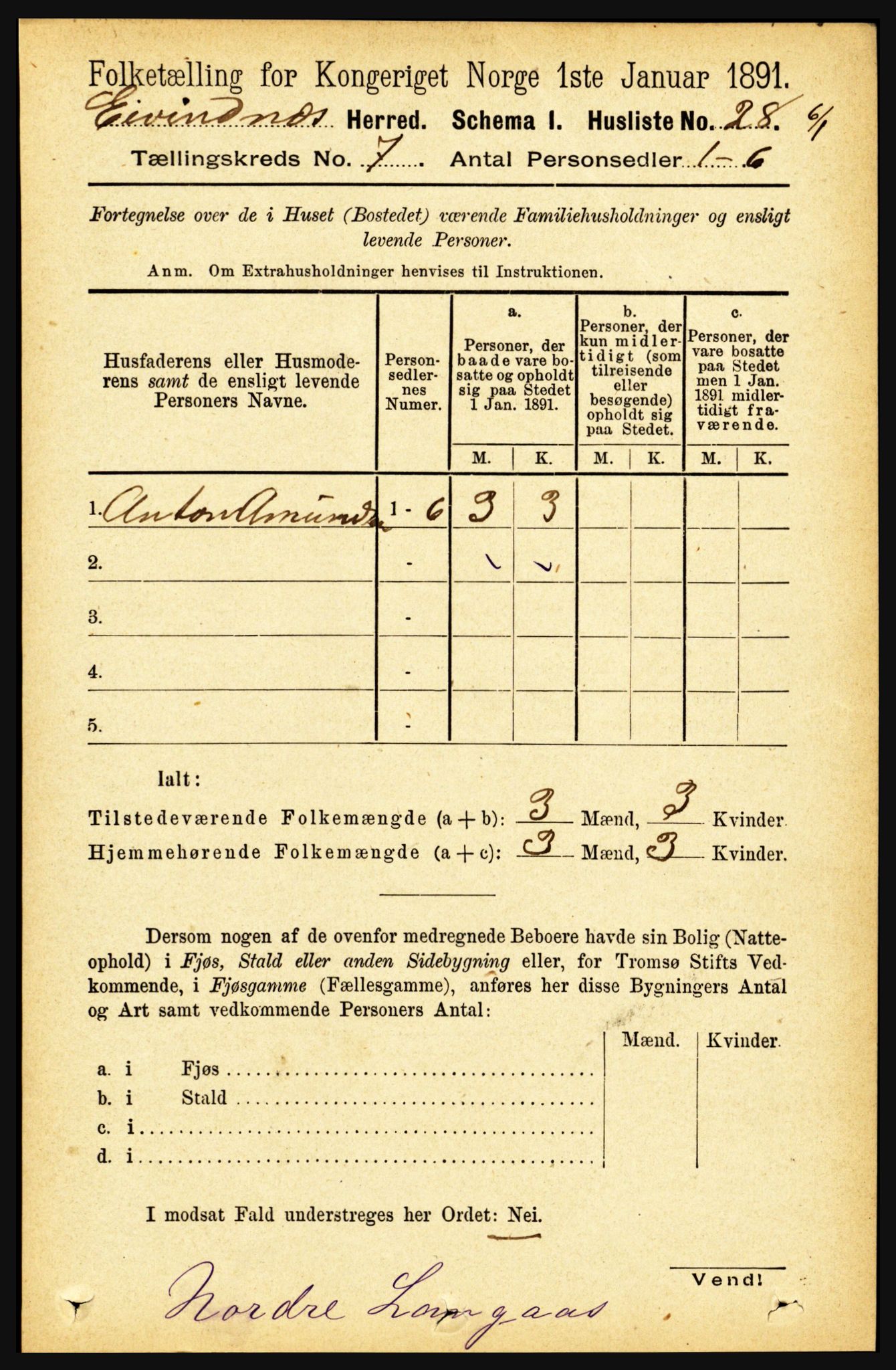 RA, 1891 census for 1853 Evenes, 1891, p. 2149