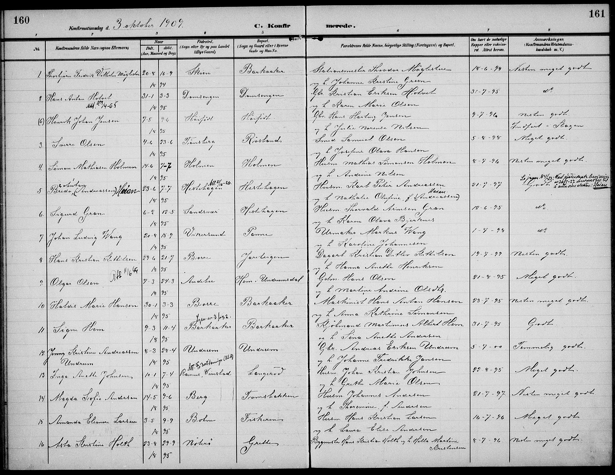 Sem kirkebøker, SAKO/A-5/F/Fa/L0012: Parish register (official) no. I 12, 1905-1915, p. 160-161