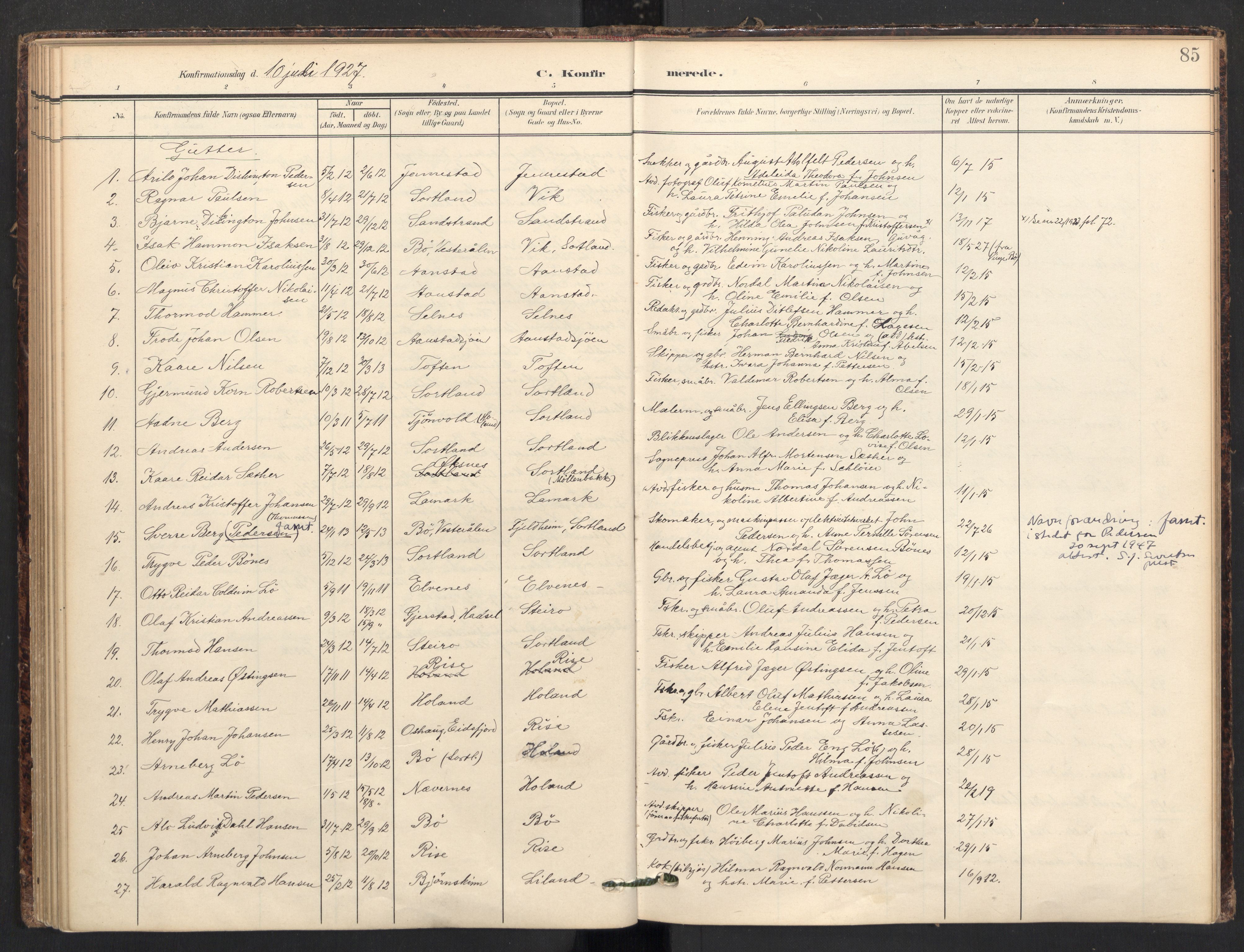 Ministerialprotokoller, klokkerbøker og fødselsregistre - Nordland, SAT/A-1459/895/L1375: Parish register (official) no. 895A10, 1907-1938, p. 85