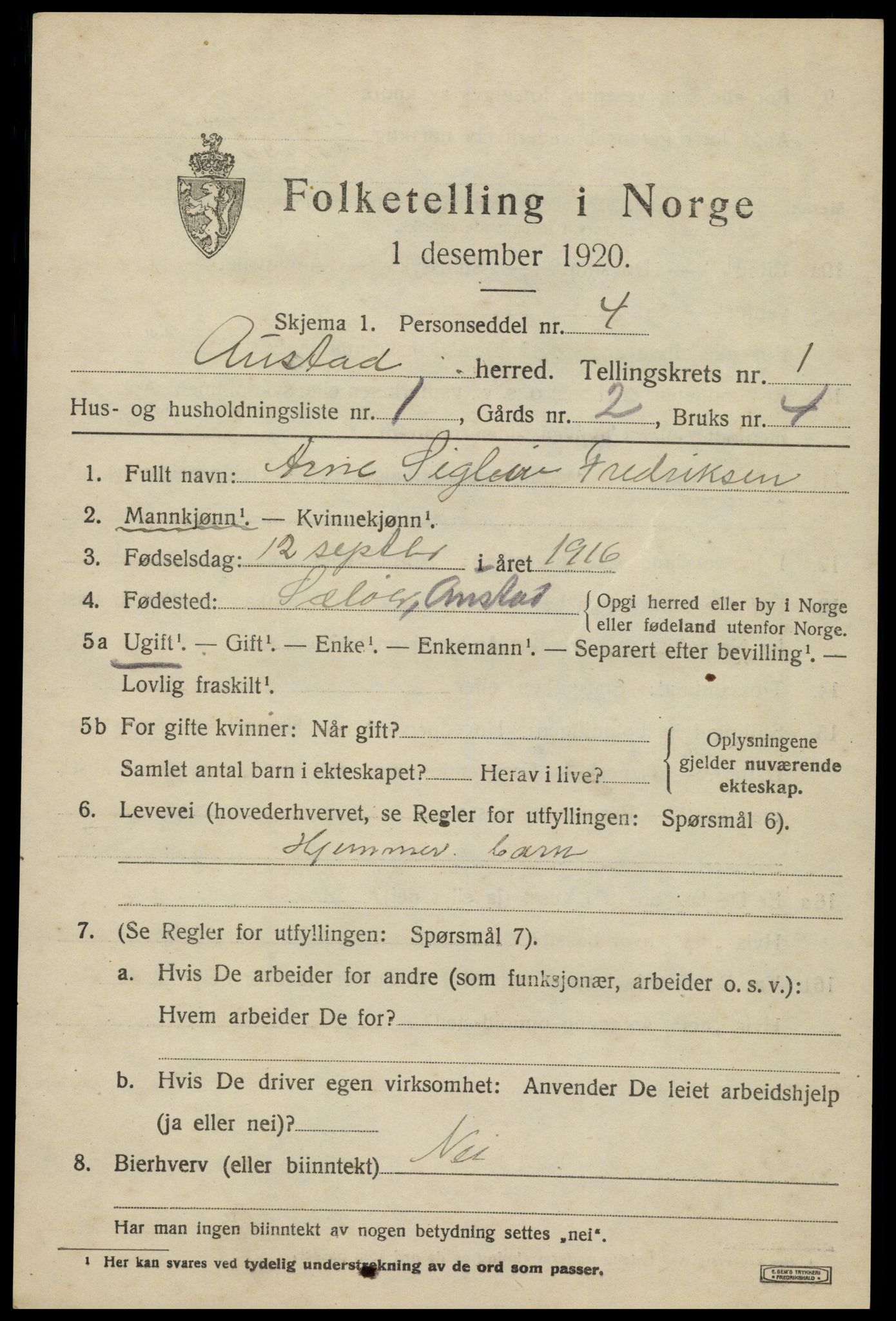 SAK, 1920 census for Austad, 1920, p. 605