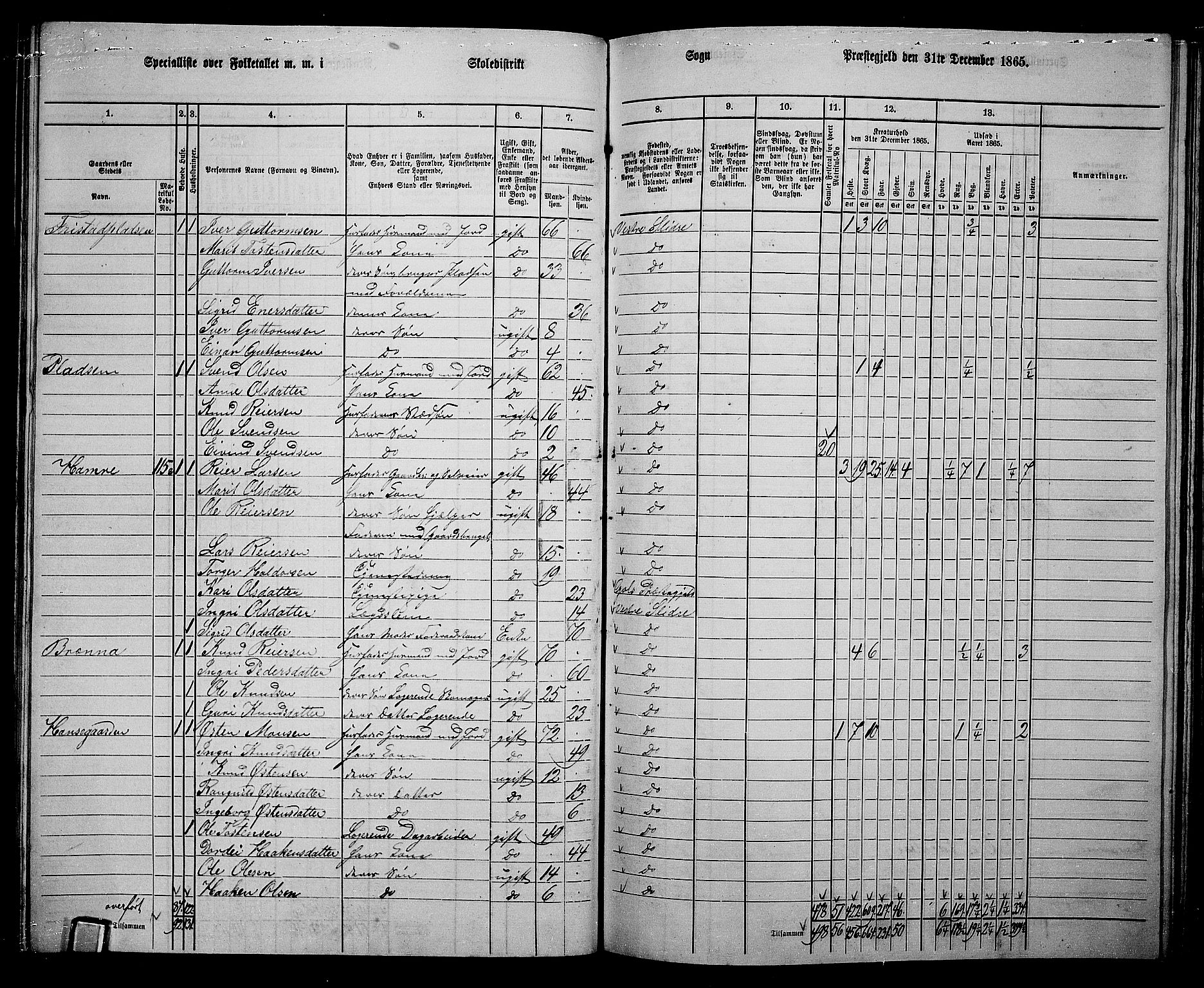 RA, 1865 census for Vestre Slidre, 1865, p. 75