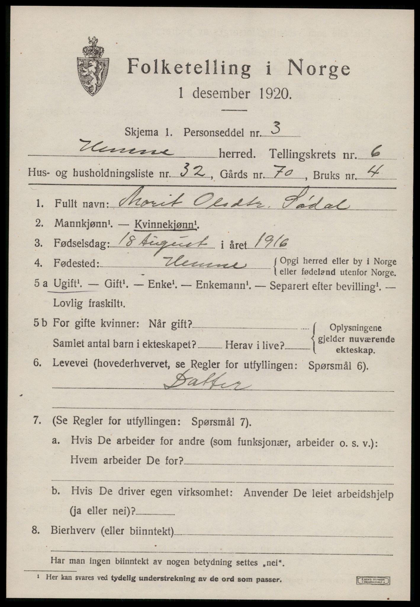SAT, 1920 census for Hemne, 1920, p. 3960