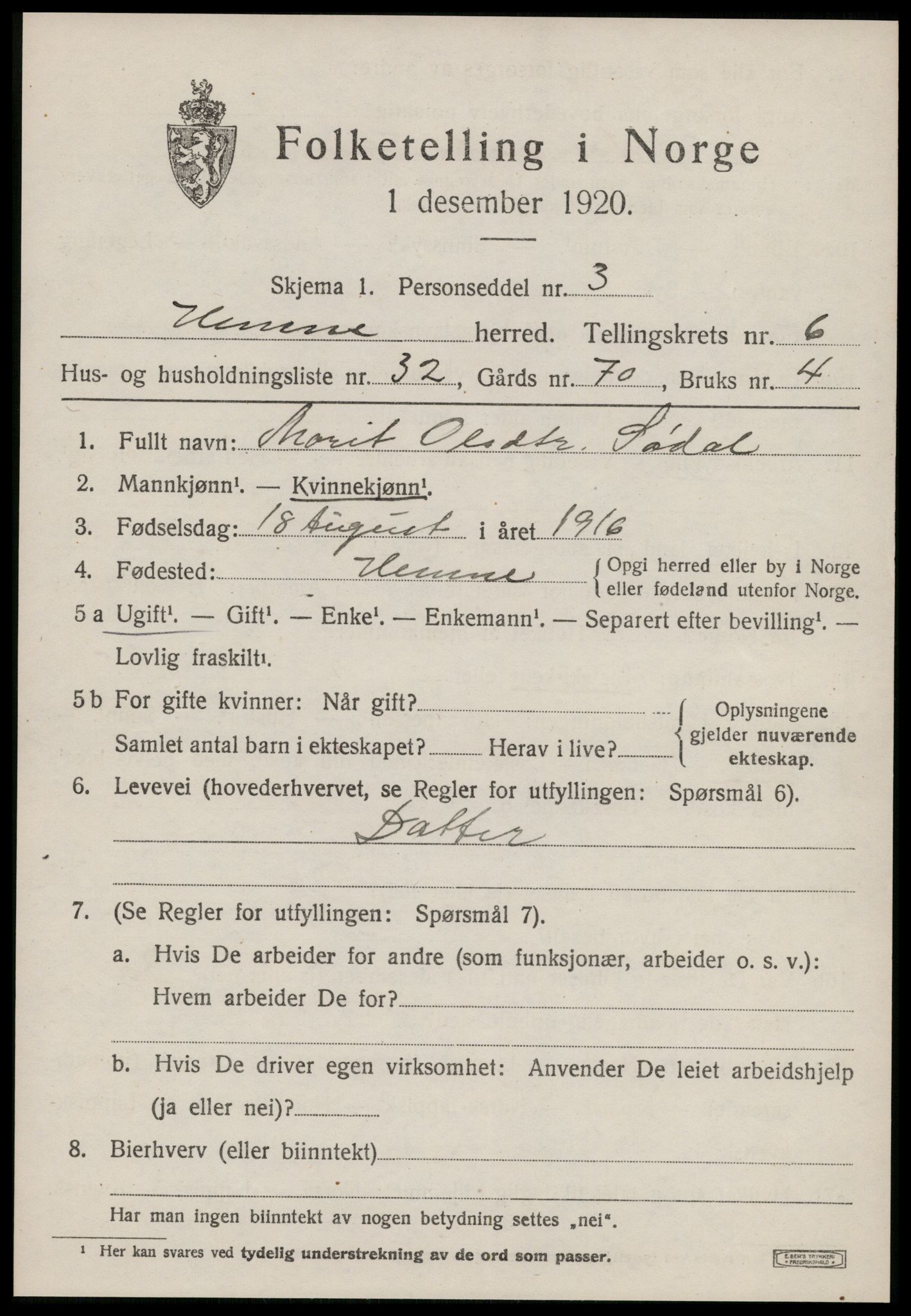 SAT, 1920 census for Hemne, 1920, p. 3960