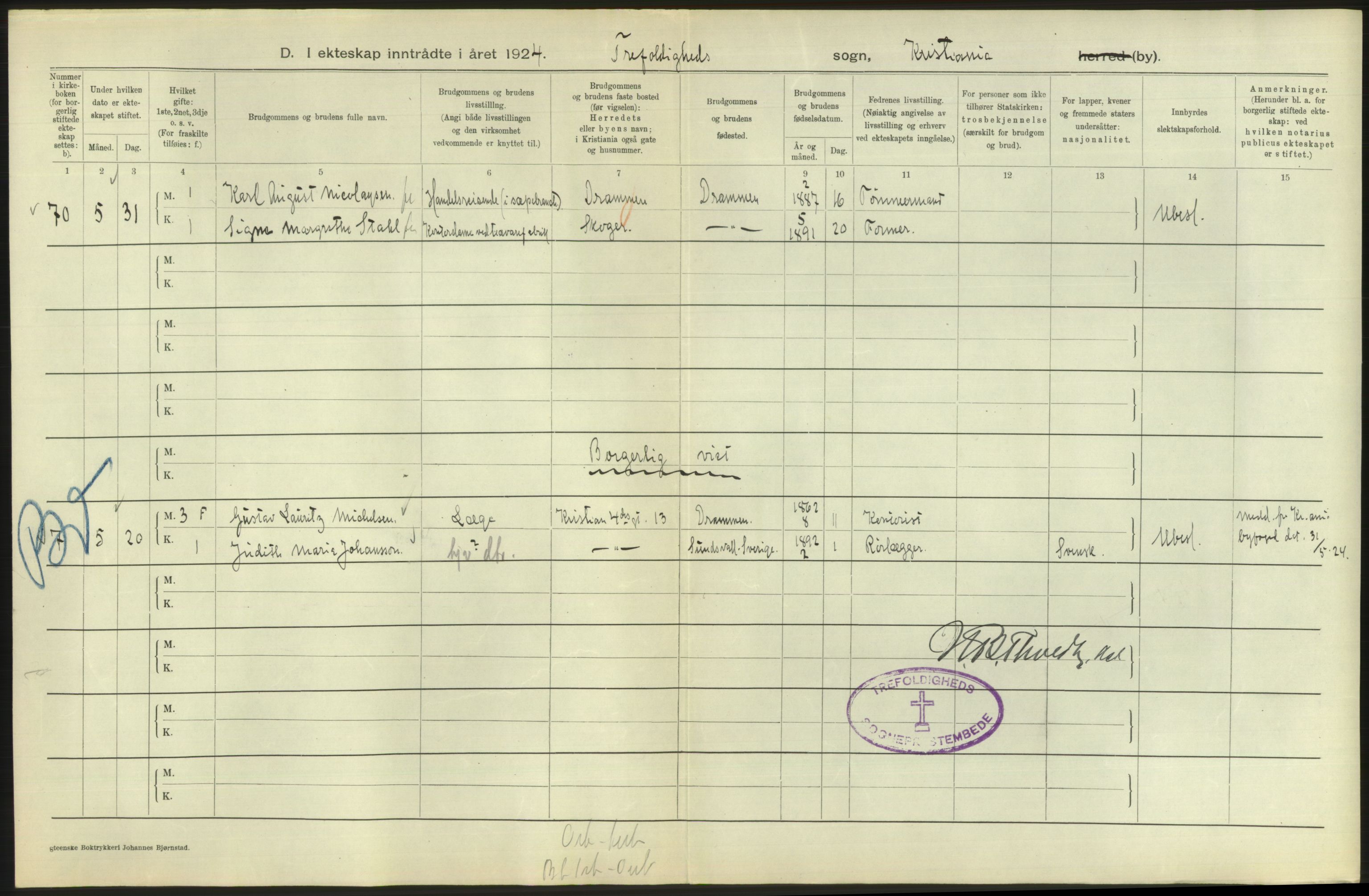 Statistisk sentralbyrå, Sosiodemografiske emner, Befolkning, AV/RA-S-2228/D/Df/Dfc/Dfcd/L0007: Kristiania: Gifte, 1924, p. 22