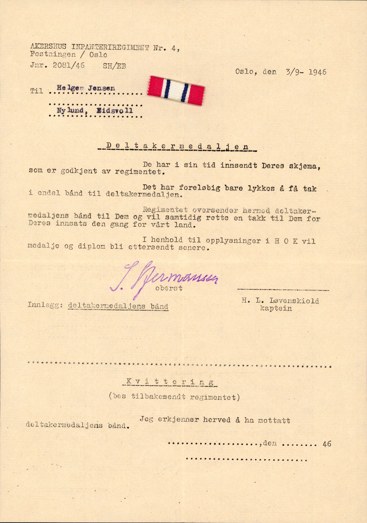 Forsvaret, Jegerkorpset - Akershus infantriregiment nr. 4, AV/RA-RAFA-2947/D/Dd/L0055: DELTAKERMEDALJEN 2. VERDENSKRIG BOKS 3 H-M, 1945-1950, p. 416