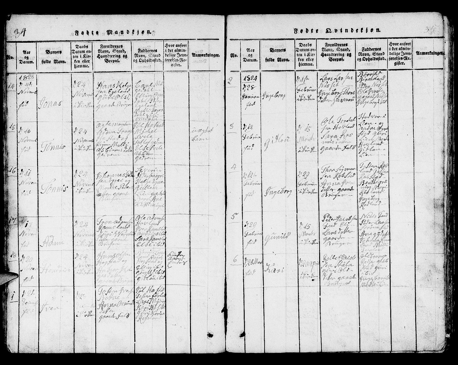 Helleland sokneprestkontor, AV/SAST-A-101810: Parish register (copy) no. B 1, 1815-1841, p. 34-35