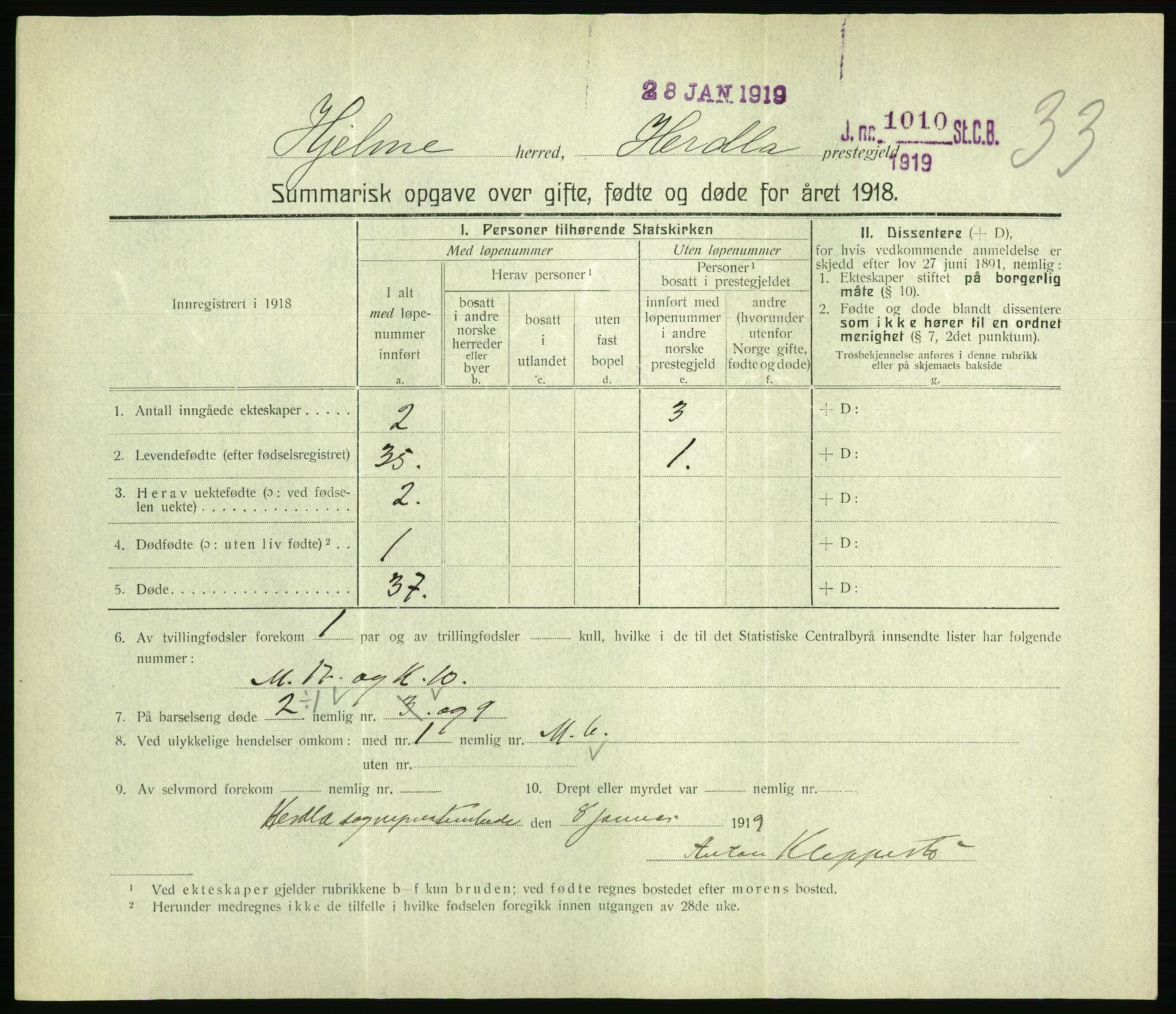 Statistisk sentralbyrå, Sosiodemografiske emner, Befolkning, RA/S-2228/D/Df/Dfb/Dfbh/L0059: Summariske oppgaver over gifte, fødte og døde for hele landet., 1918, p. 965